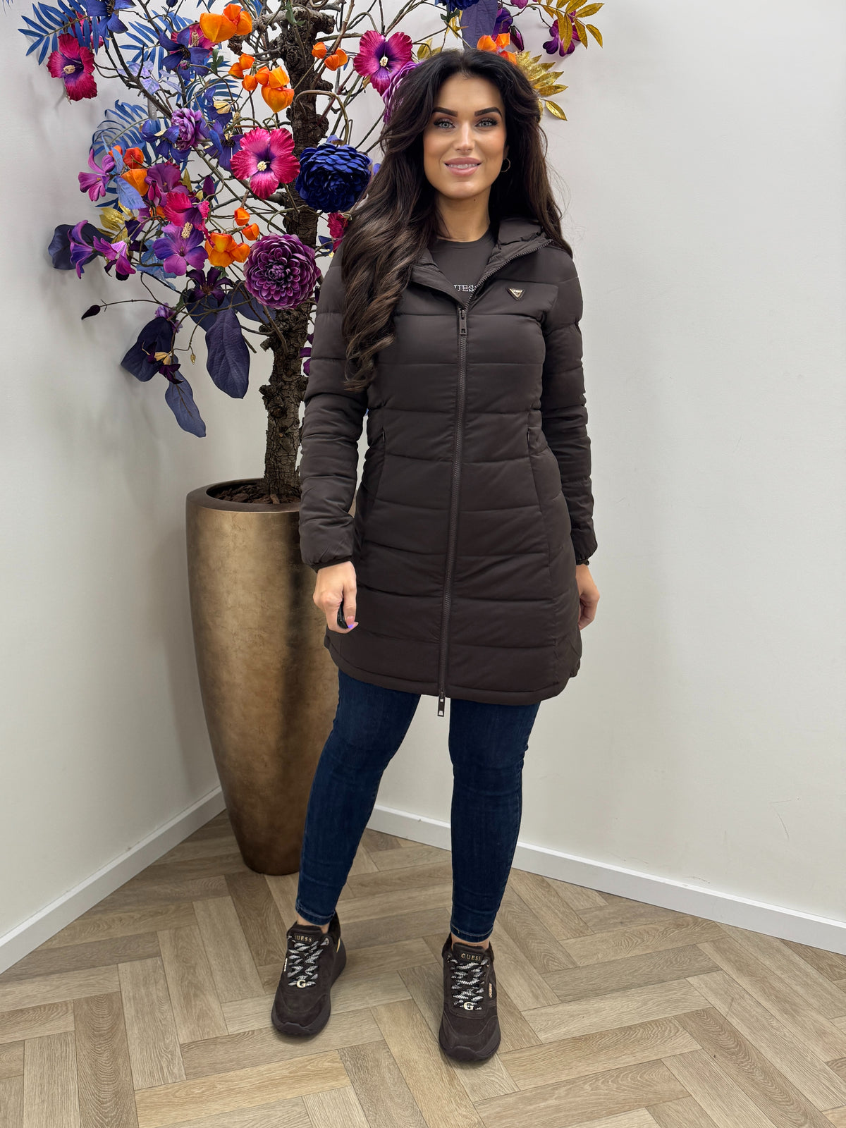 New Aleta Long Puffer Jacket Coffee Guess 1486