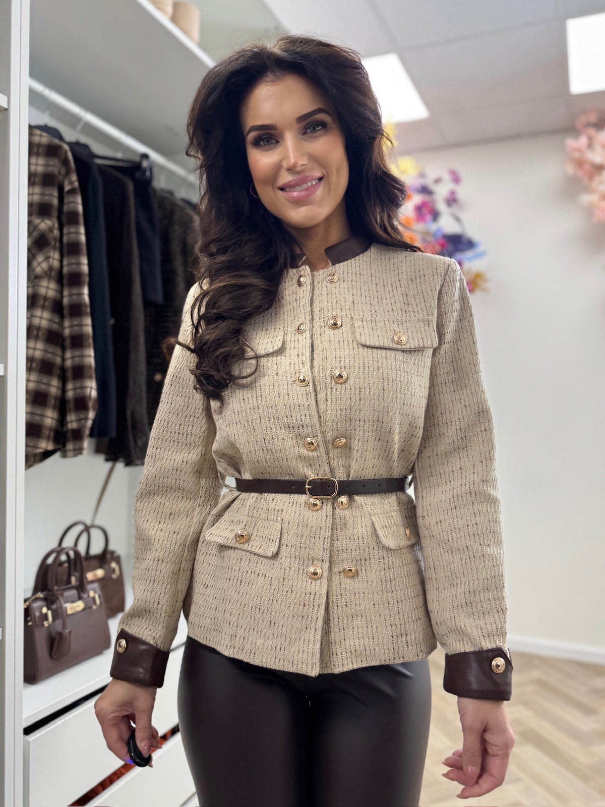 Blazer Luxury Tweed With Belt Beige 7071