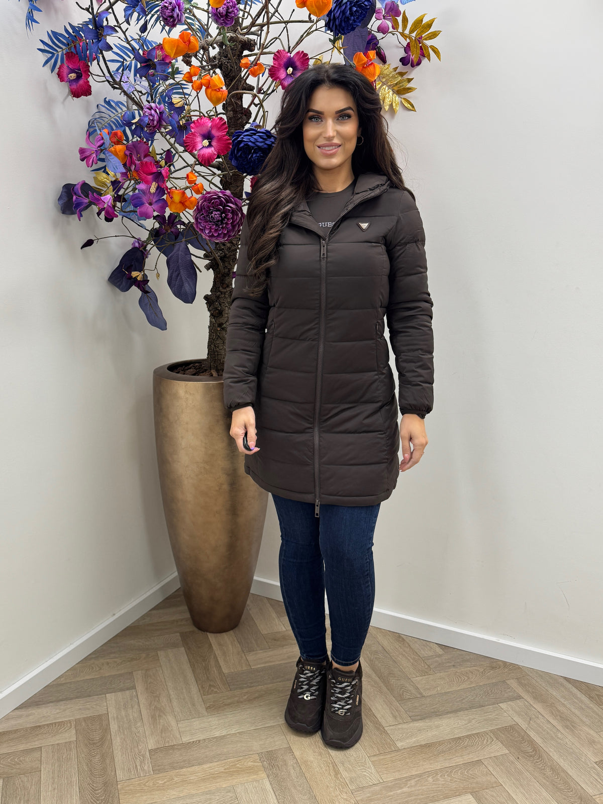 New Aleta Long Puffer Jacket Coffee Guess 1486