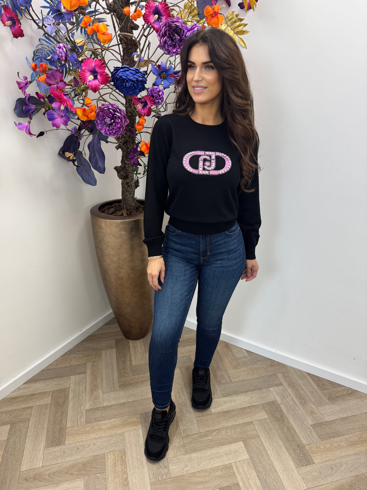 Sweater Round Logo Nero Monogram Stone Liu Jo 2001