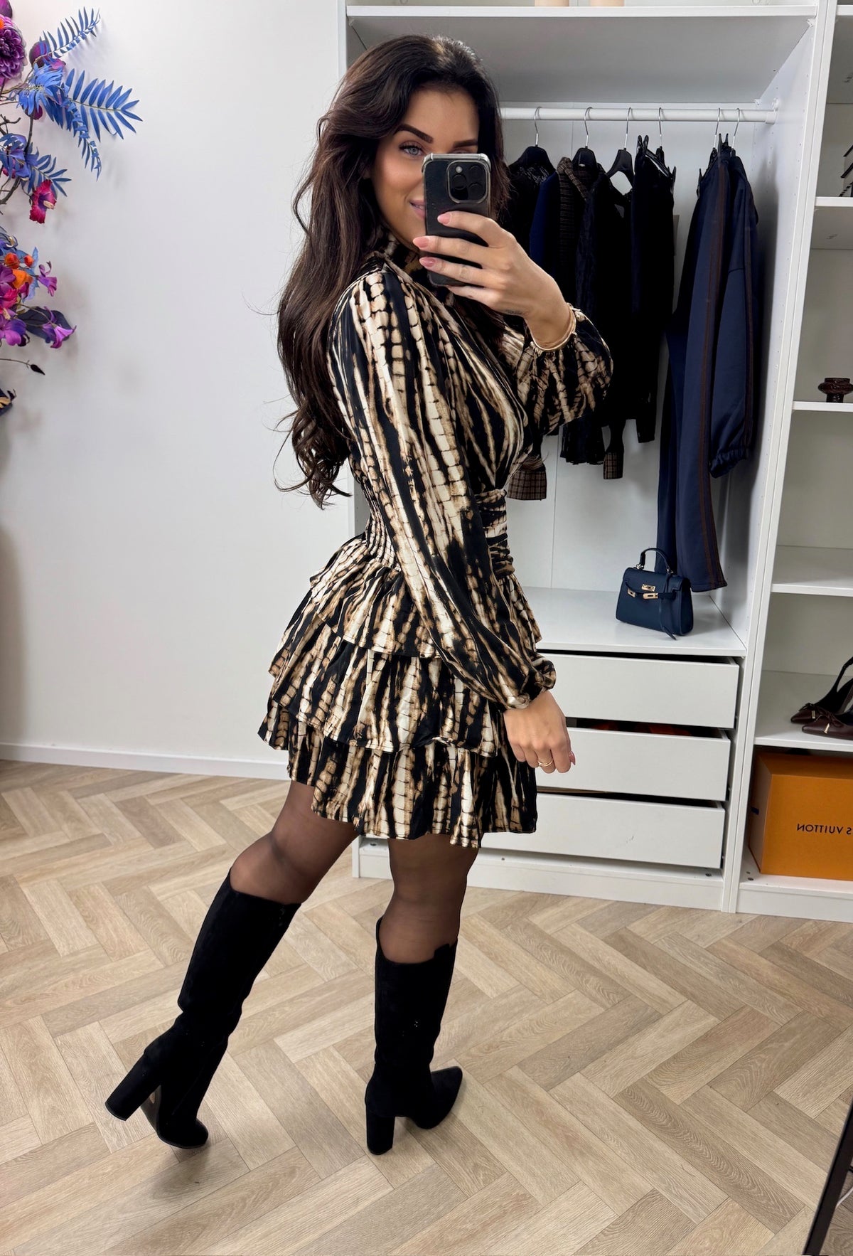 Dress Ruffle Print Beige CY4541