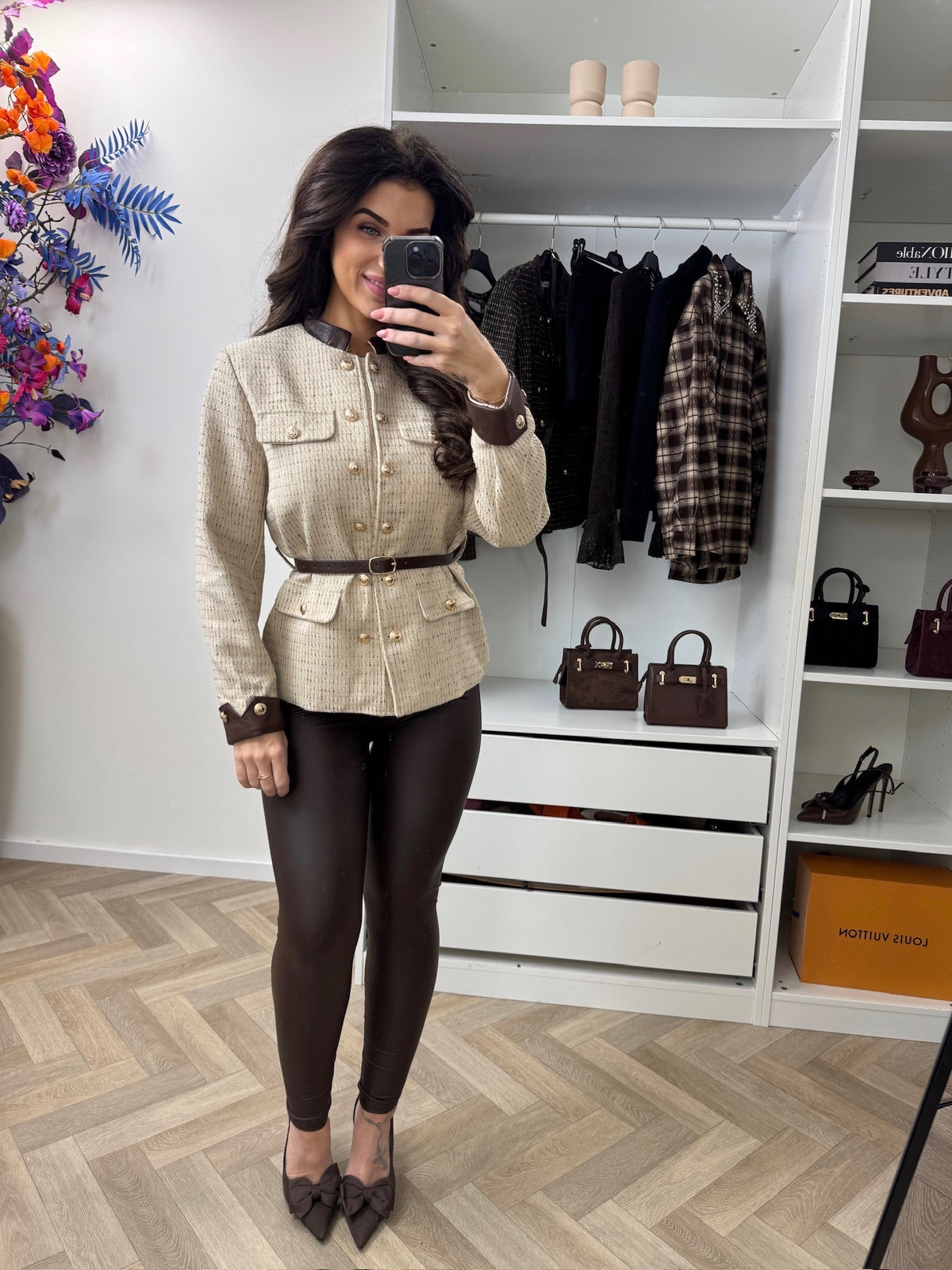 Blazer Luxury Tweed With Belt Beige 7071