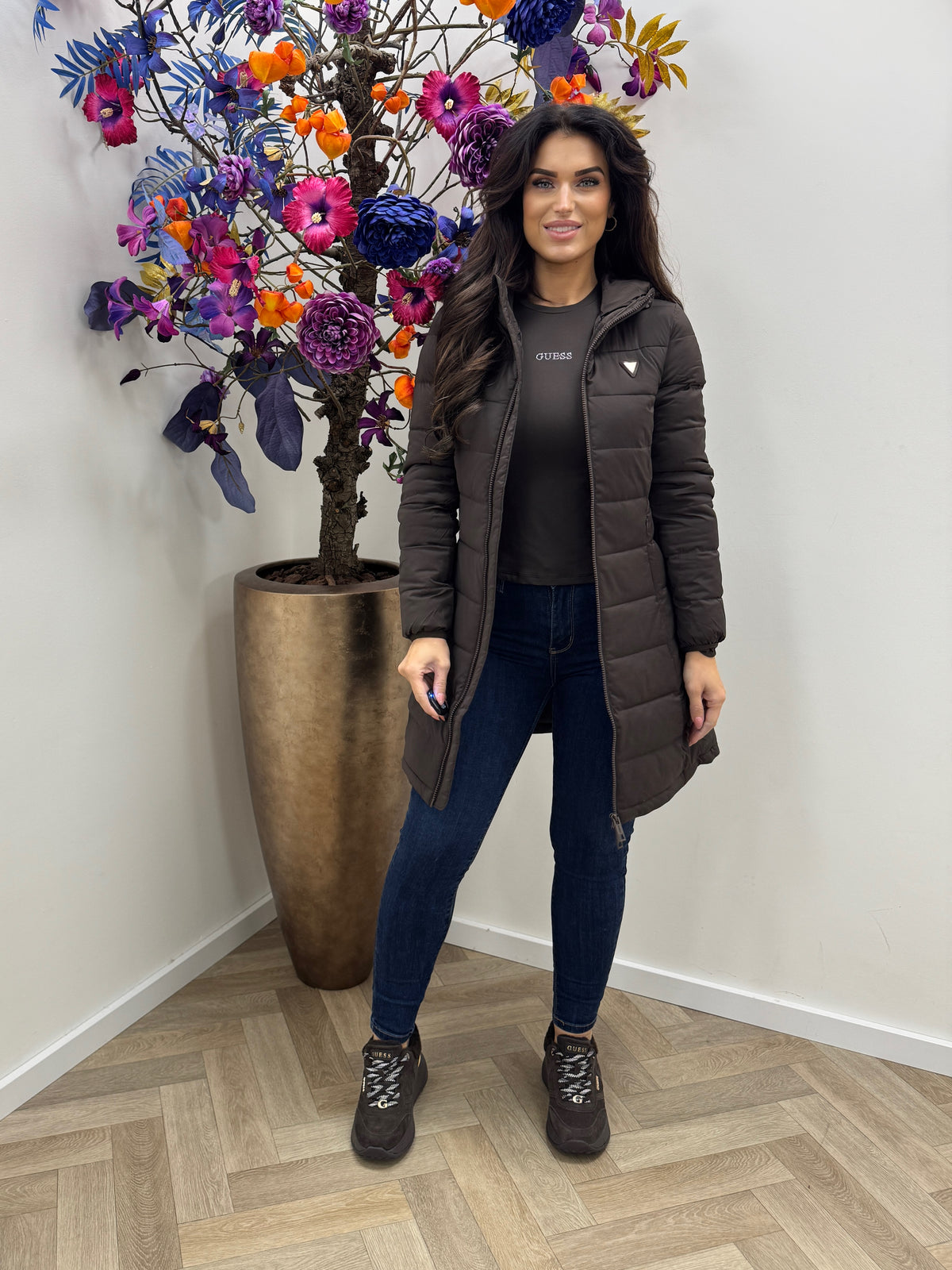 New Aleta Long Puffer Jacket Coffee Guess 1486