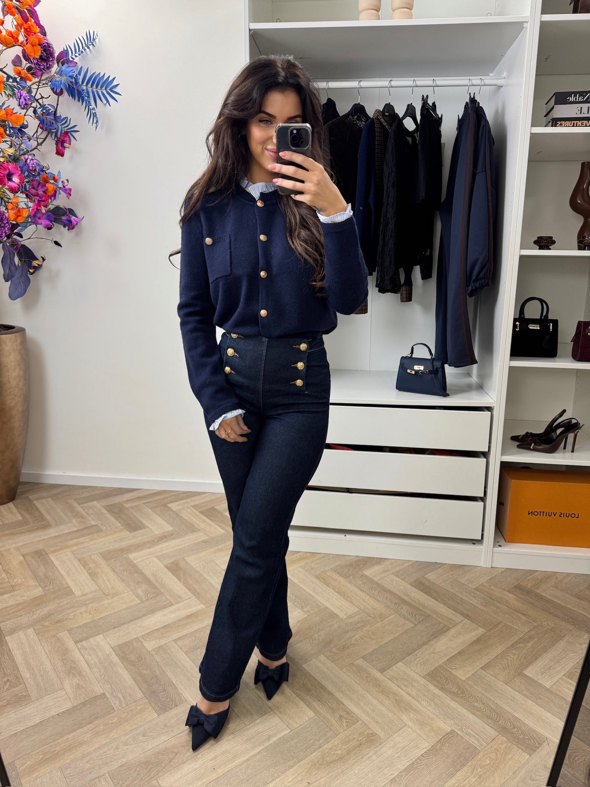 Cardigan Ruffle Button Navy Y1023