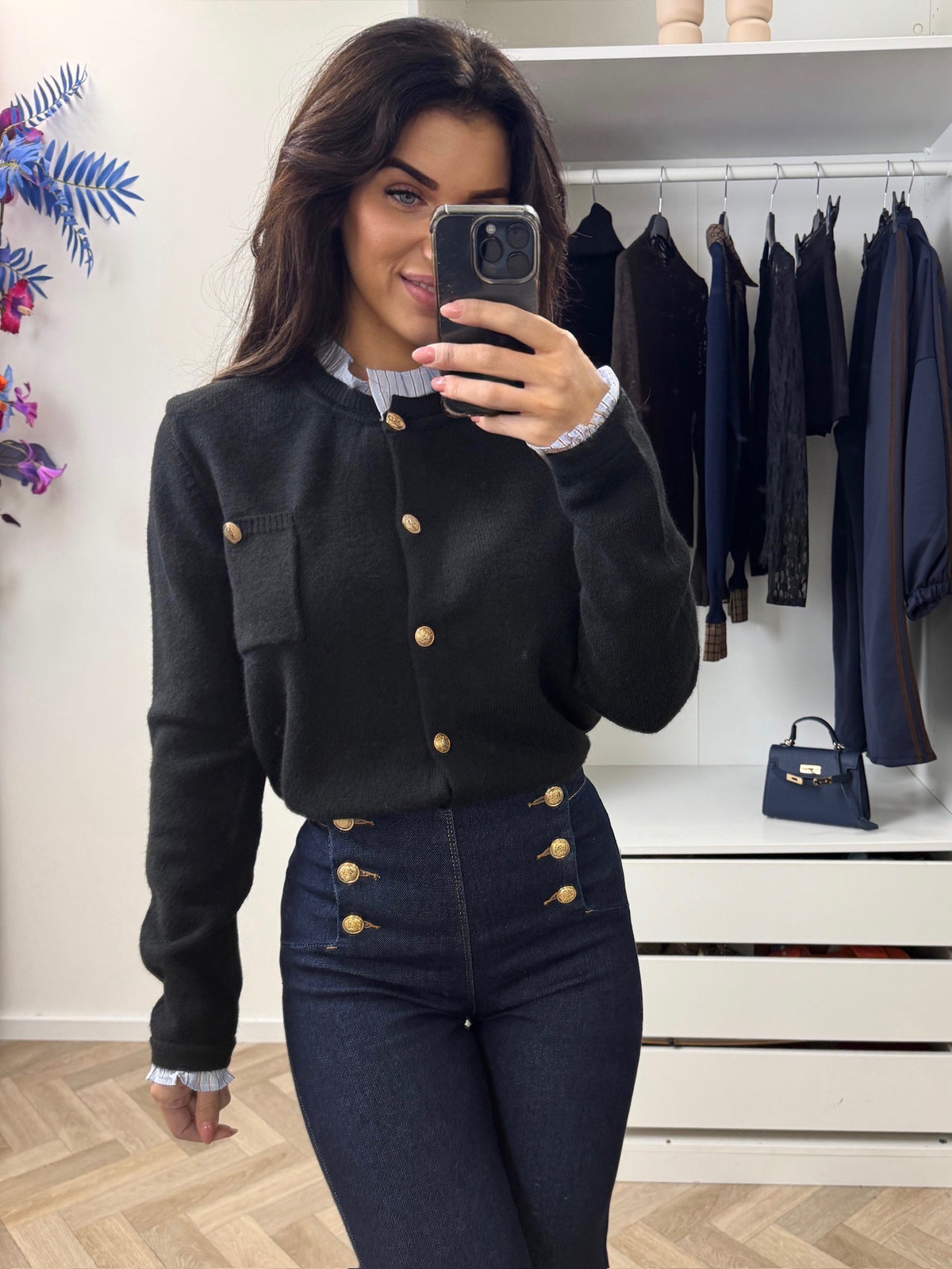 Cardigan Ruffle Button Black Y1023