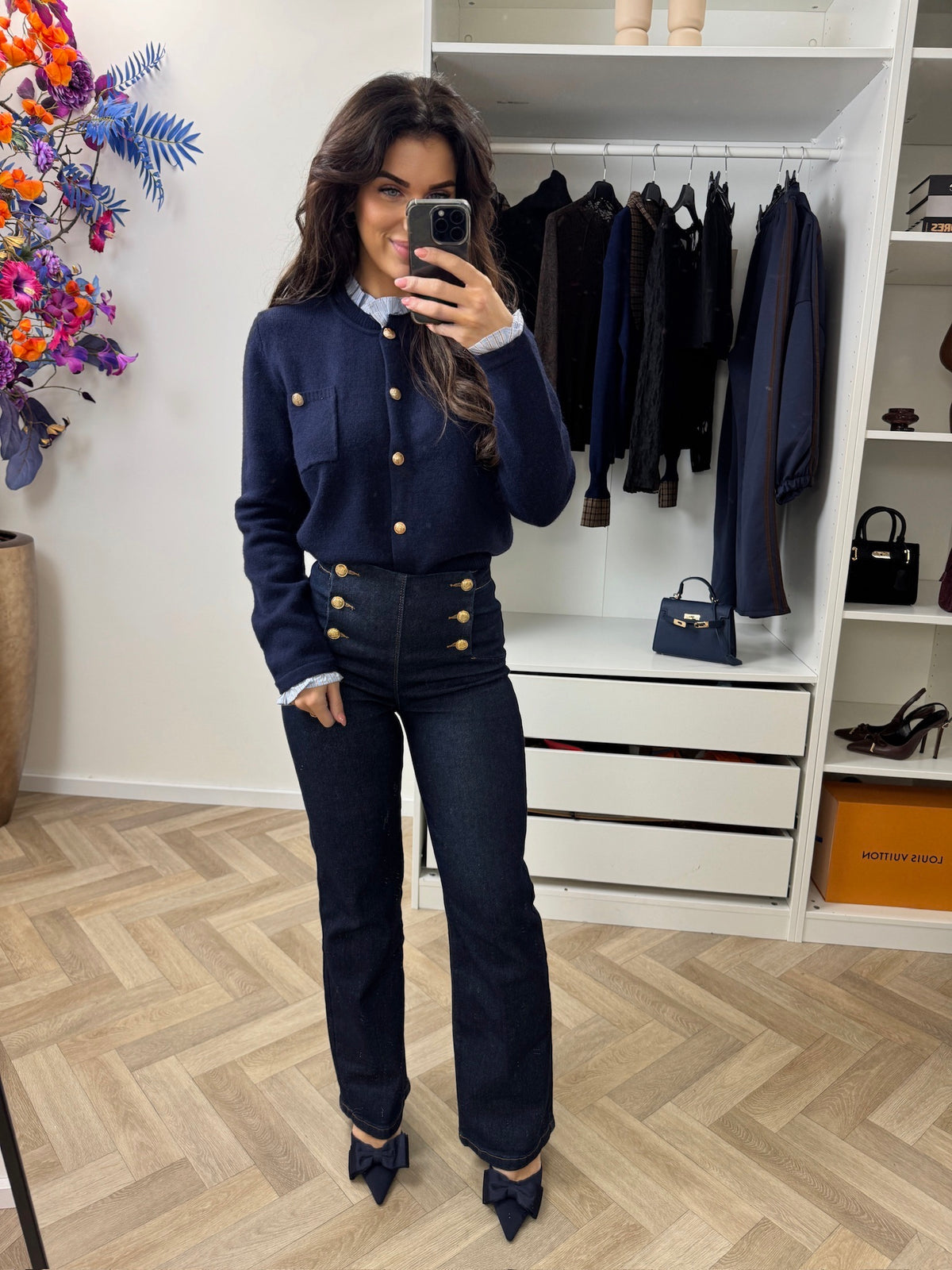 Cardigan Ruffle Button Navy Y1023