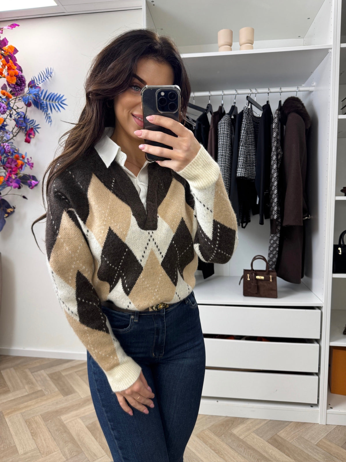 Trui Kraagje Ruit Choco 52255