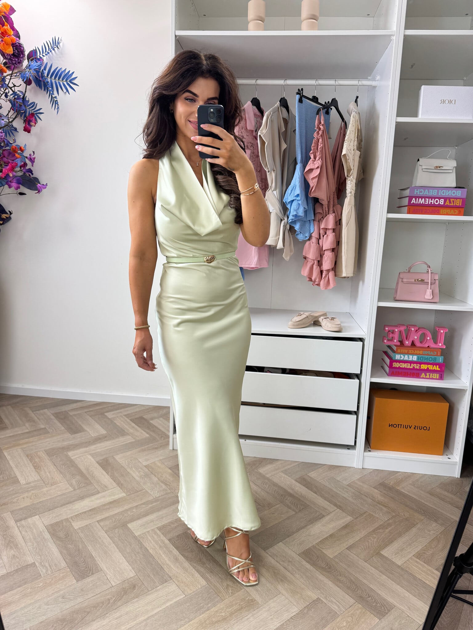 Long Dress Satin With Belt WZ20667 Mint