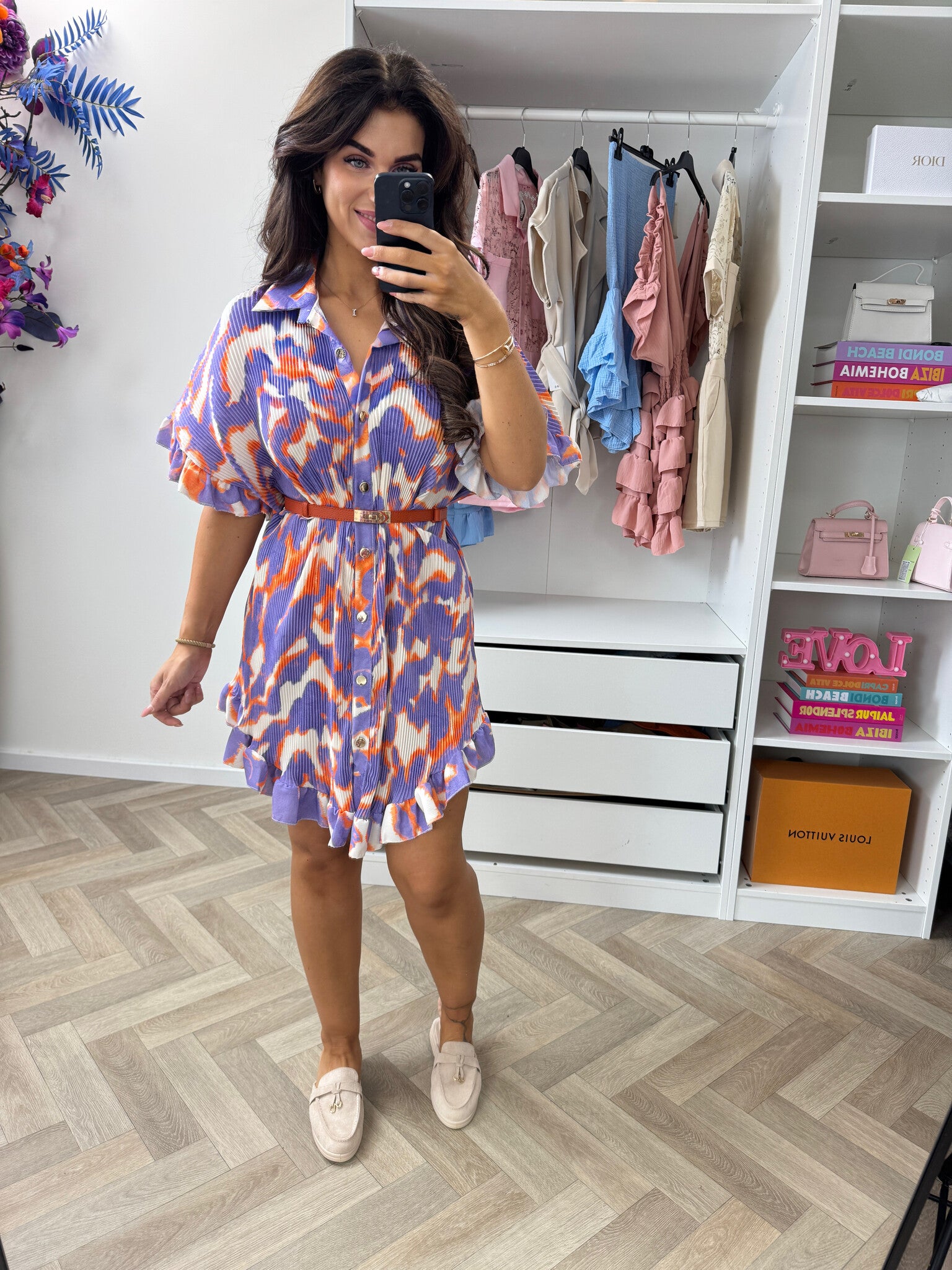 Plisse Blouse Dress Print Lila