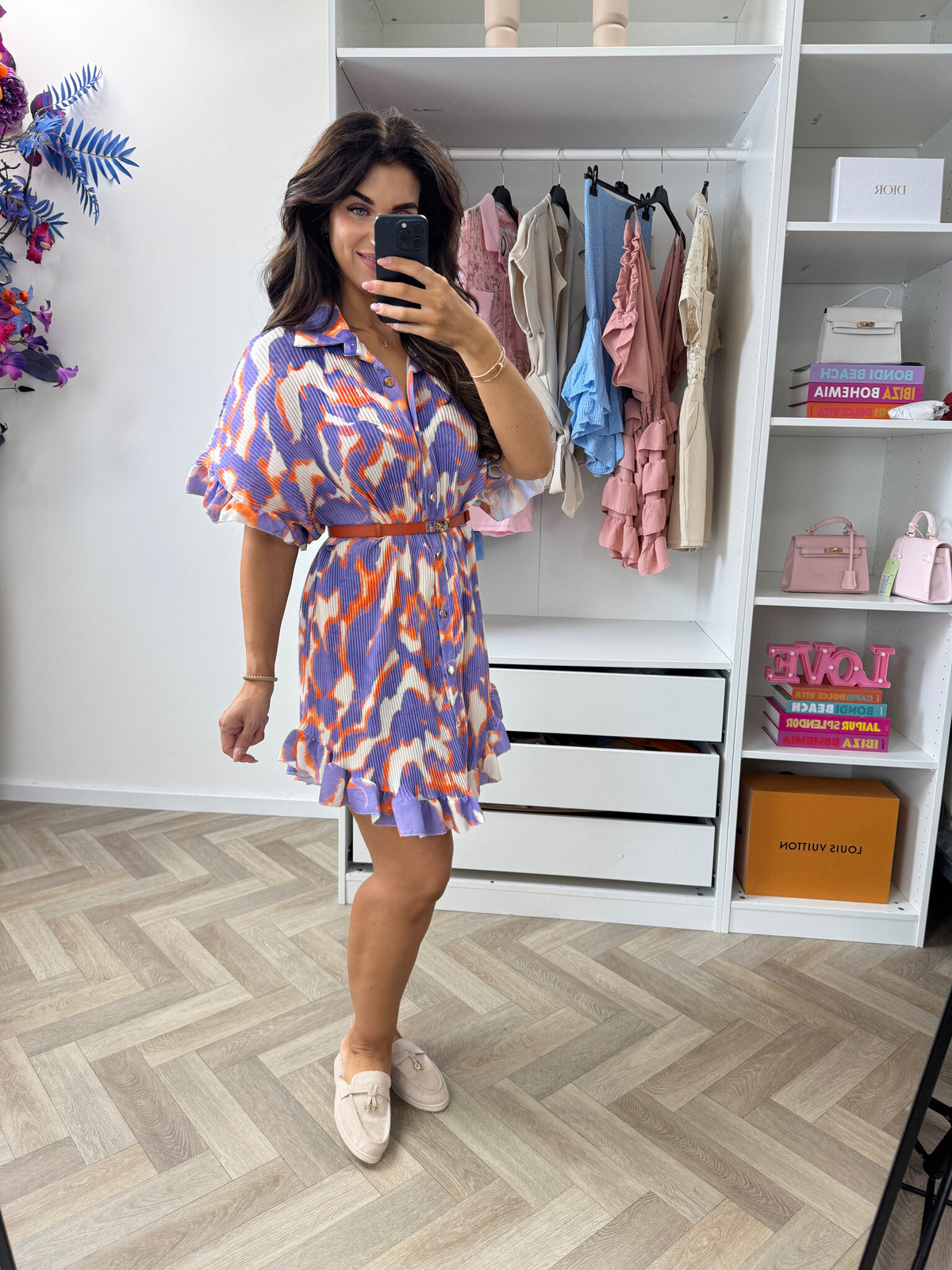 Plisse Blouse Dress Print Lila