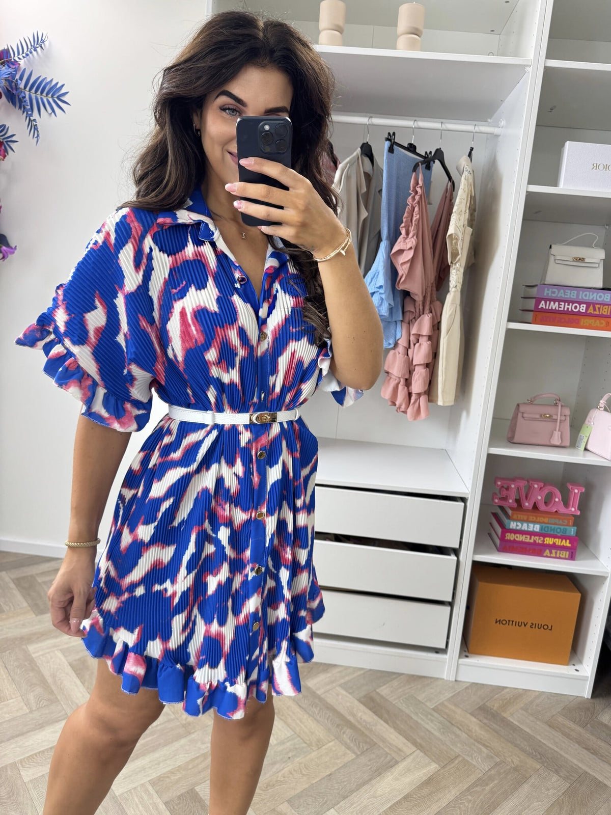 Plisse Blouse Dress Print Kobalt