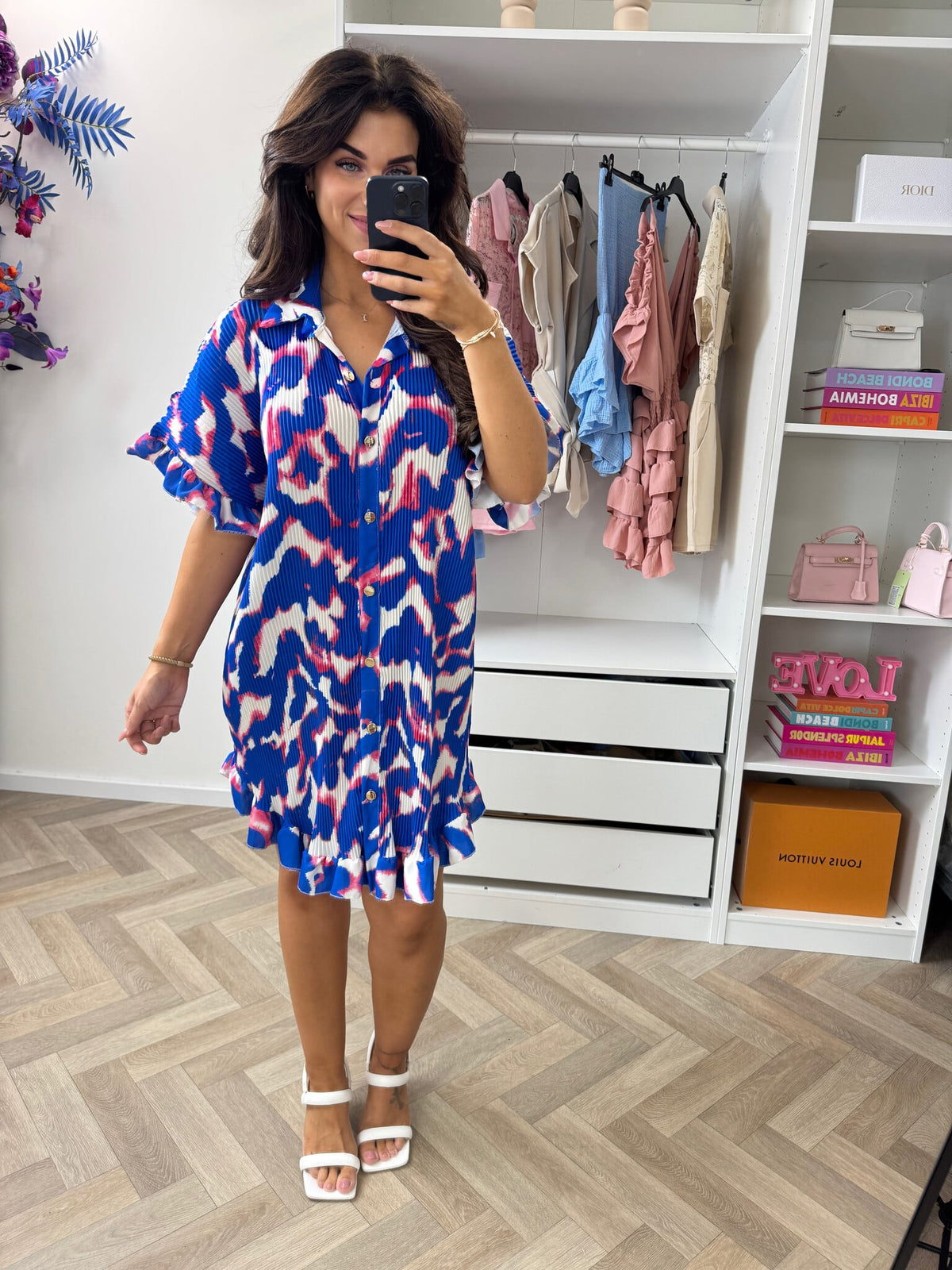 Plisse Blouse Dress Print Kobalt