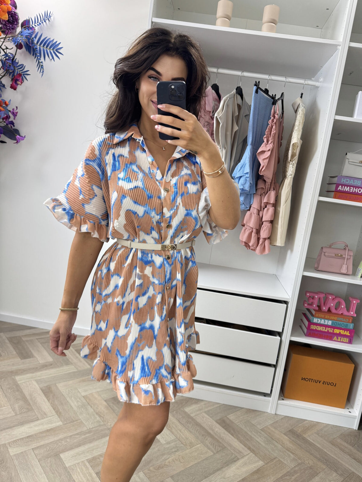 Plisse Blouse Dress Print Beige