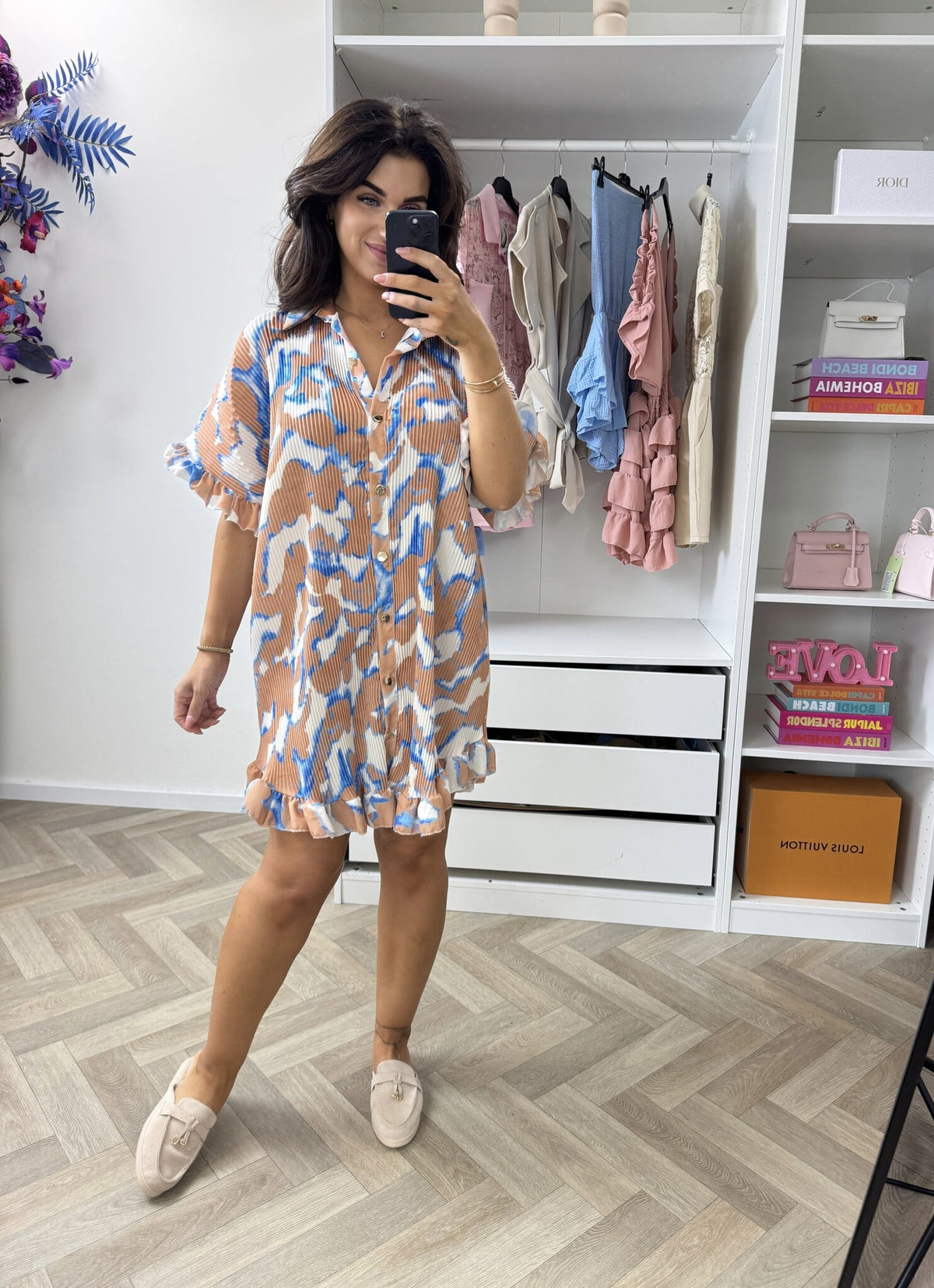 Plisse Blouse Dress Print Beige