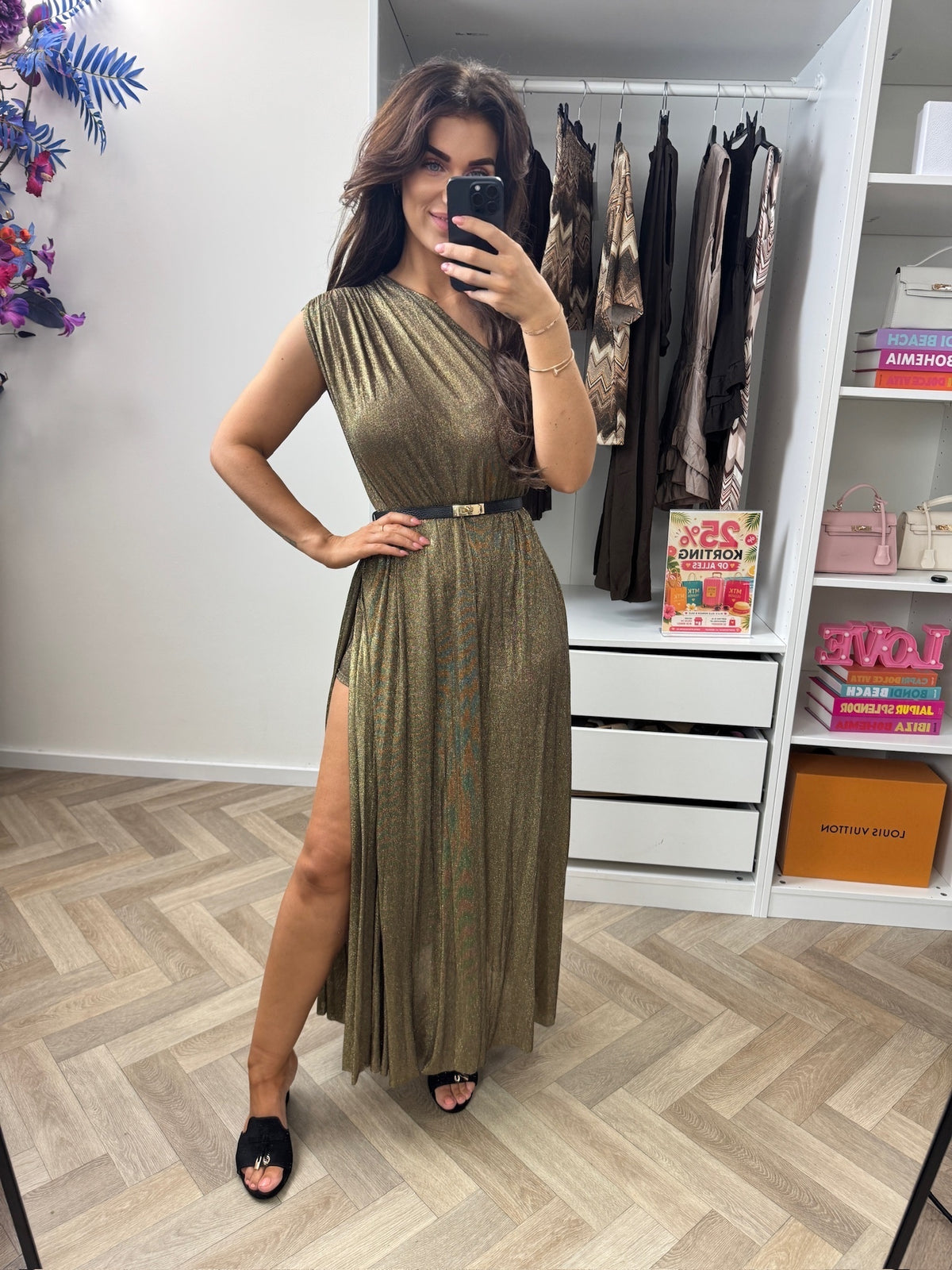Long Jumpsuit Lurex Split Donker Gold