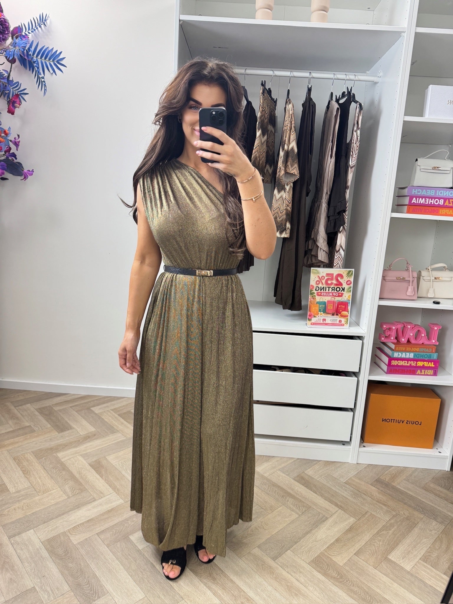 Long Jumpsuit Lurex Split Donker Gold