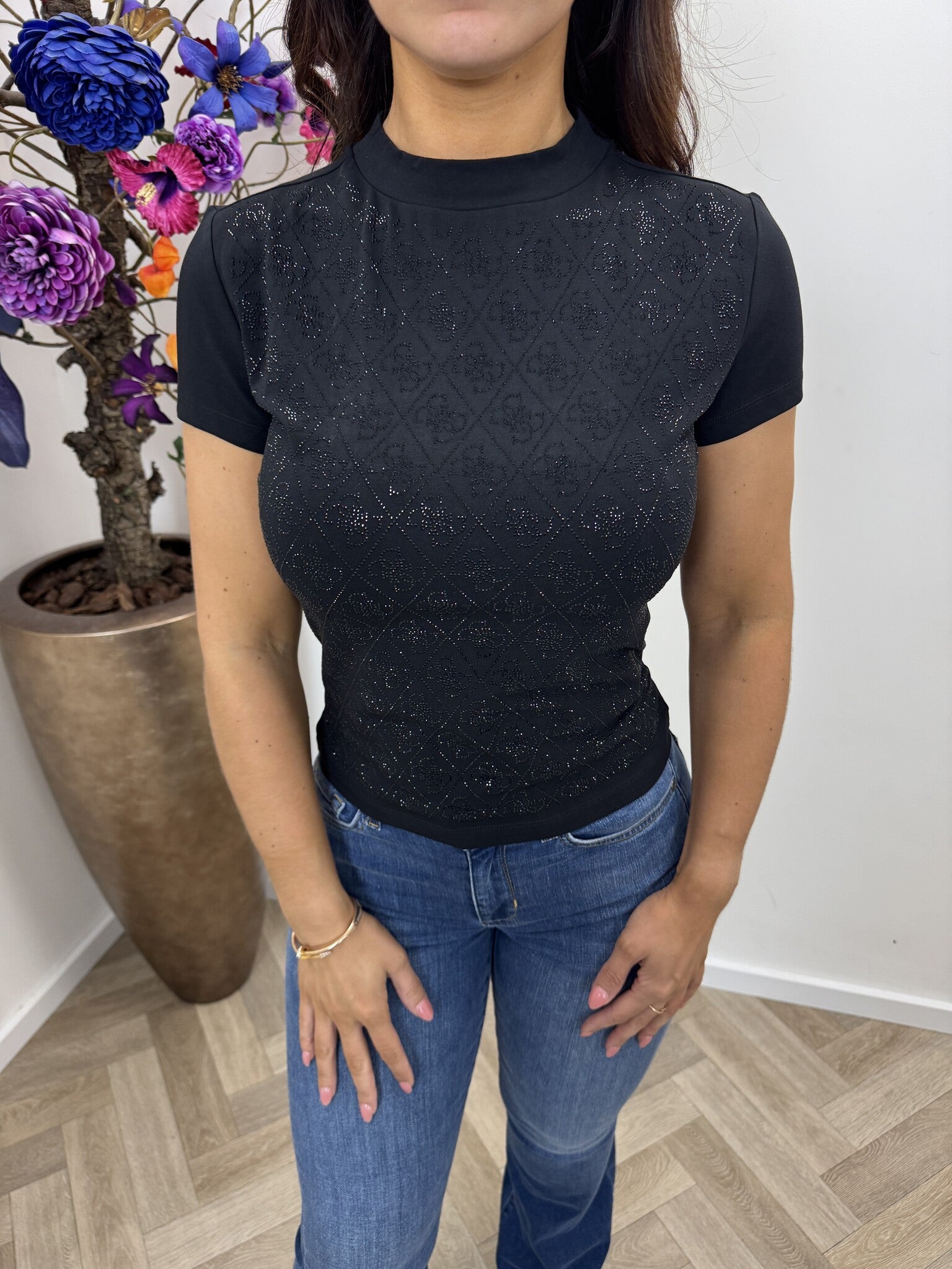 T-shirt Diamonds Mock Neck Black Guess 1301