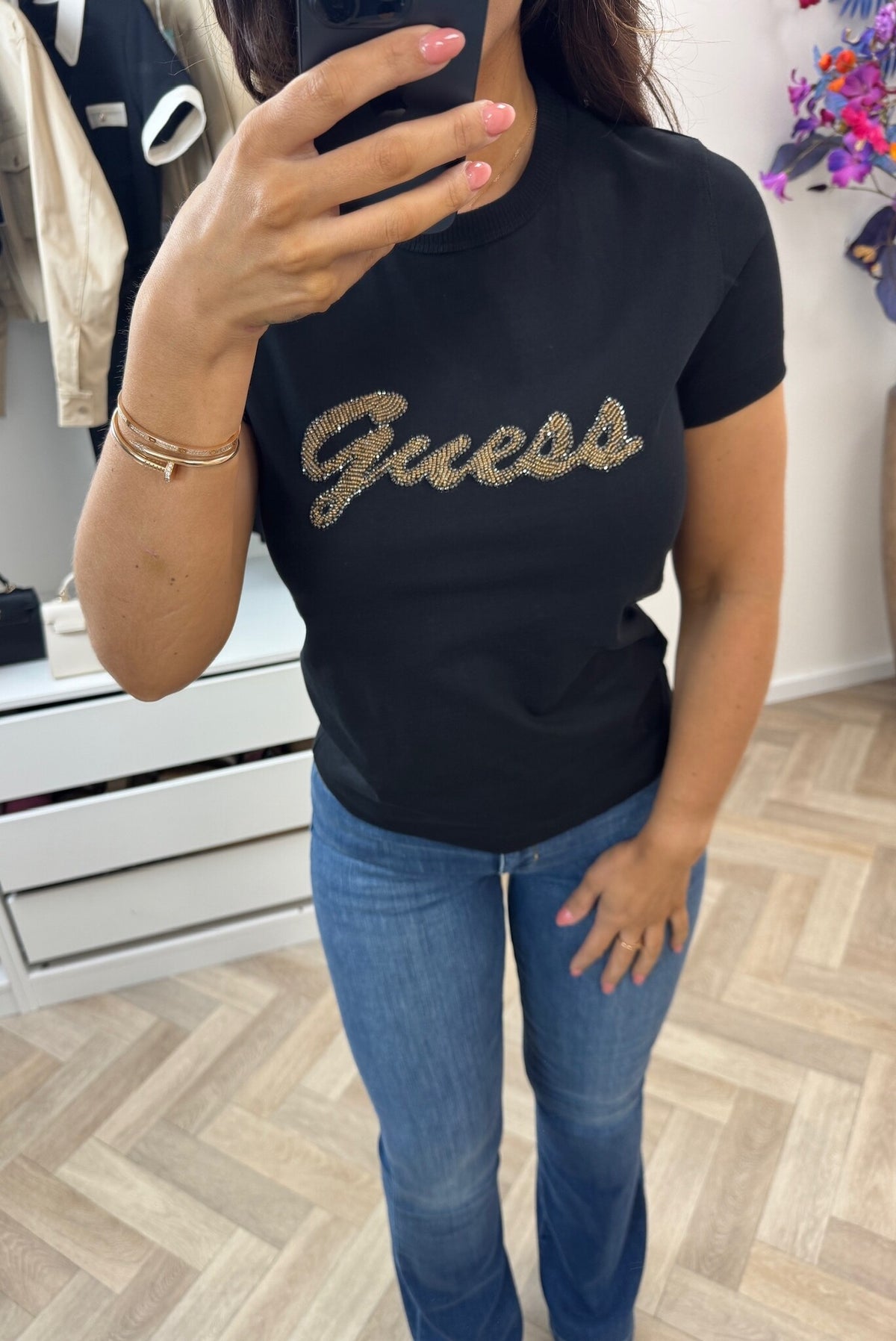 T-shirt Beads Script Guess Black 1336
