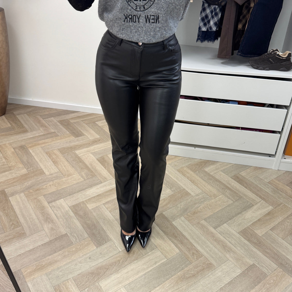 Leather Pants Straight Black 6015B