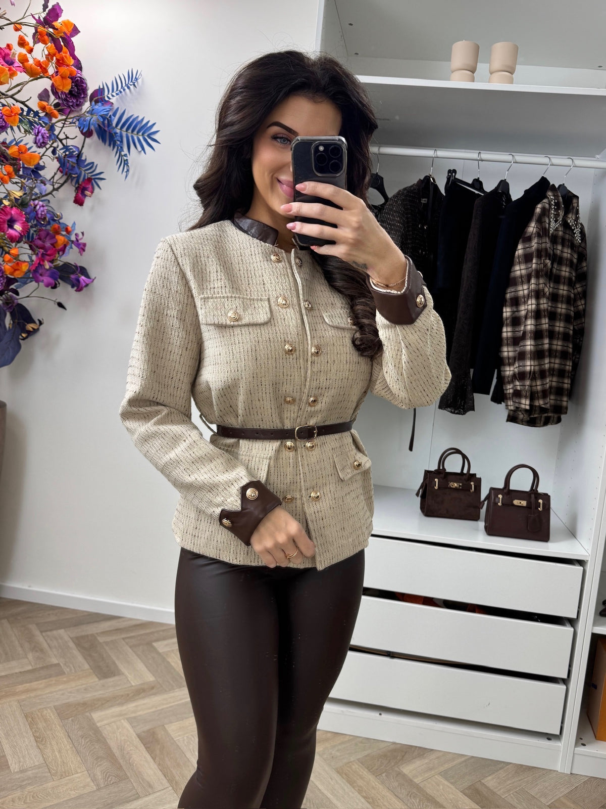 Blazer Luxury Tweed With Belt Beige 7071