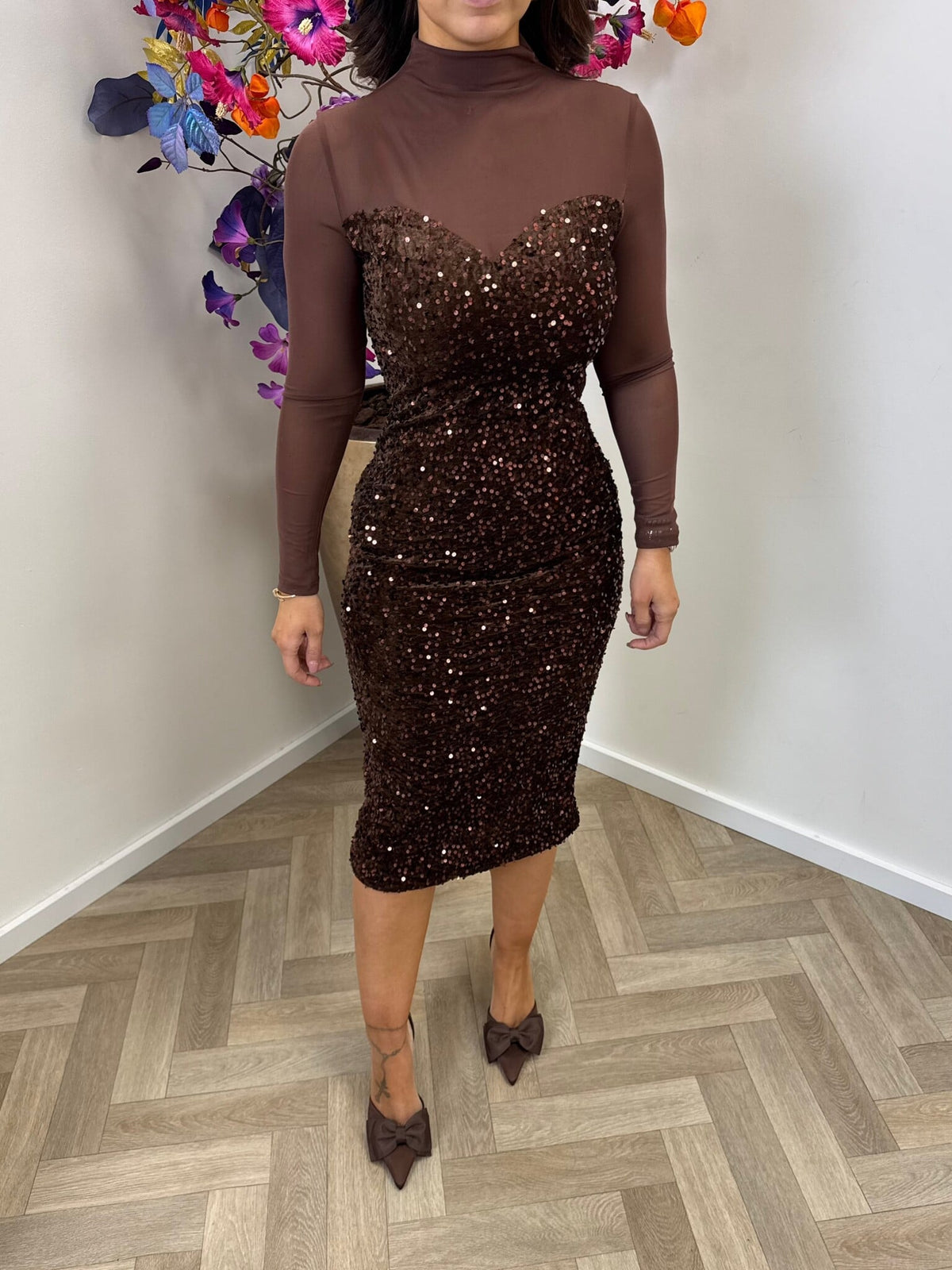 Long Dress pailletten 02-3571 Choco