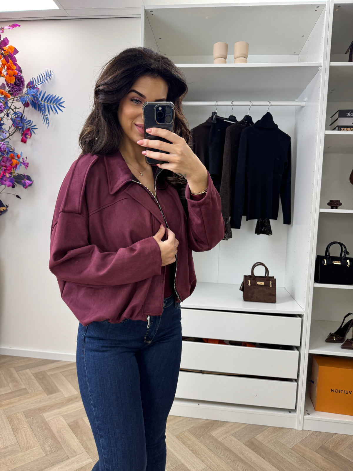 Suede Look Bomber Jacket Wine