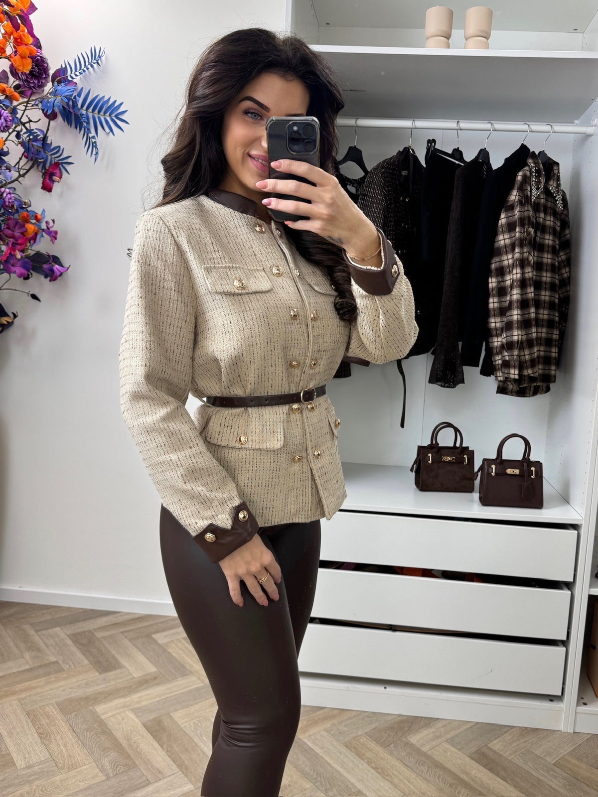 Blazer Luxury Tweed With Belt Beige 7071