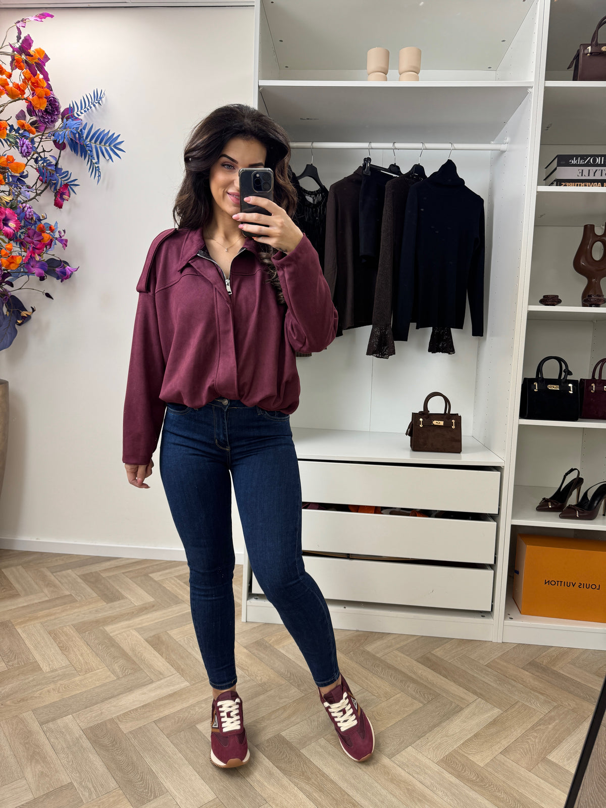 Suede Look Bomber Jacket Wine