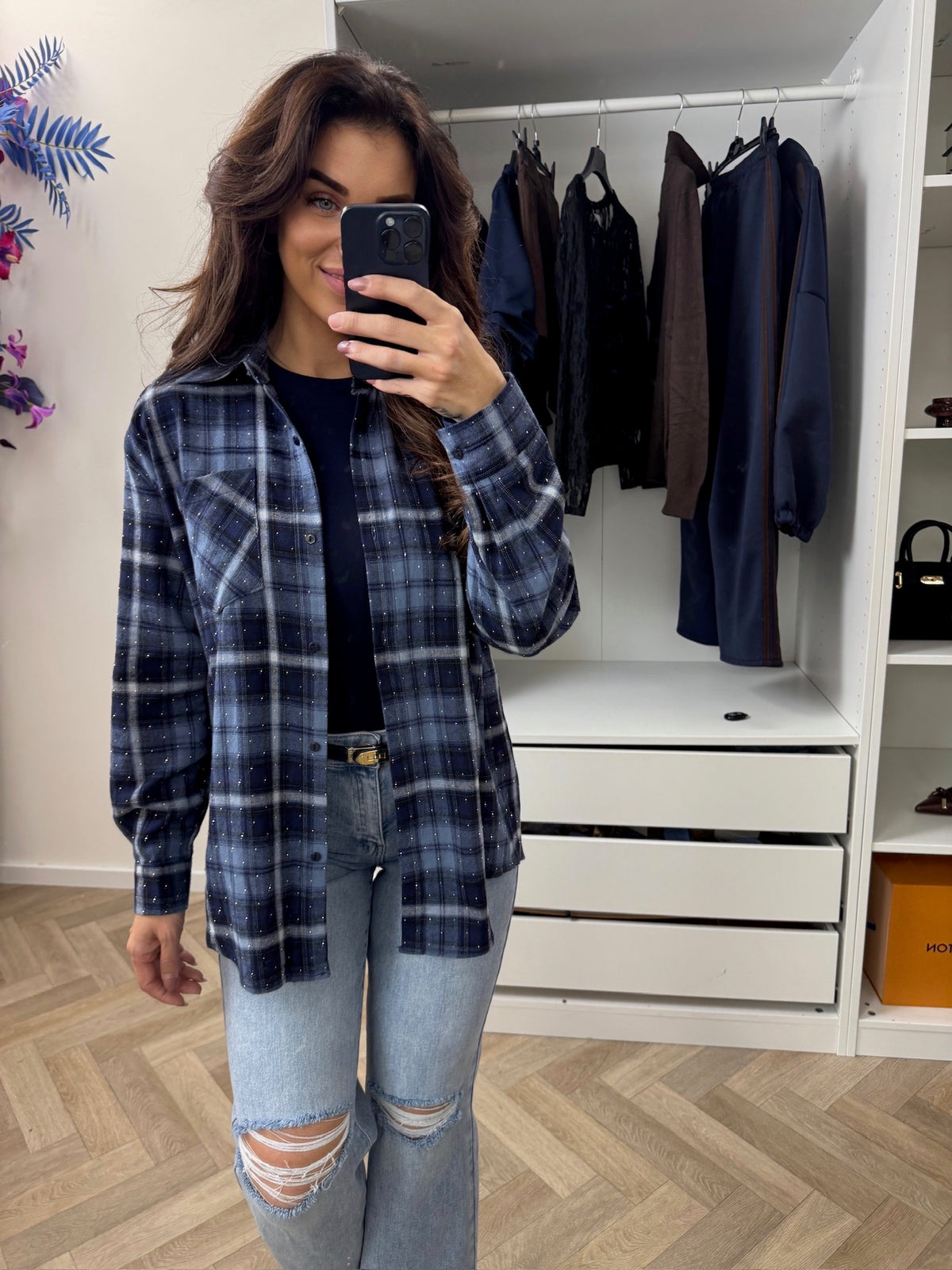 Ruit Blouse Flam Navy CY5707A