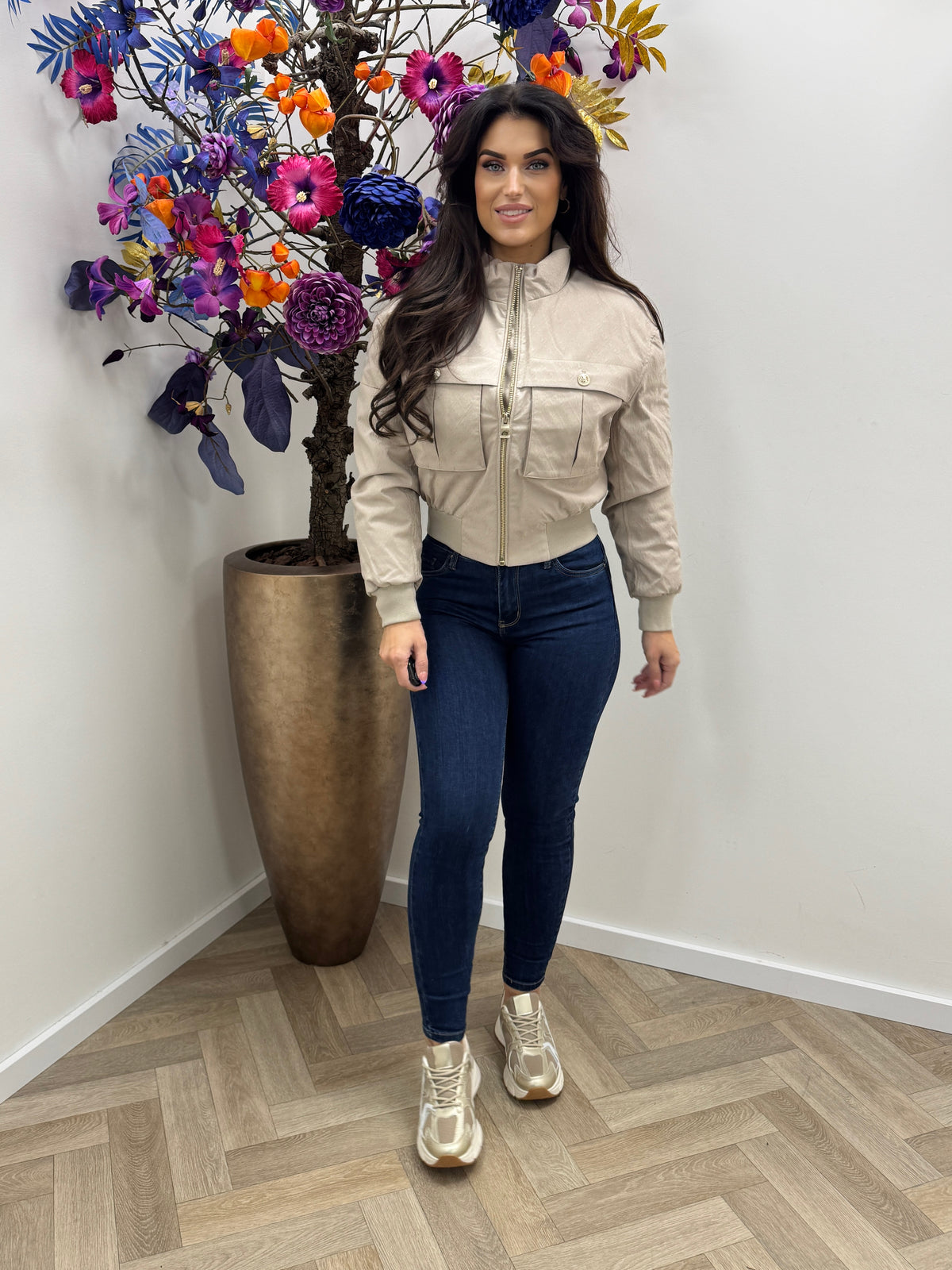 Logo Bomber Jacket Flora Fancy Beige Guess 1465