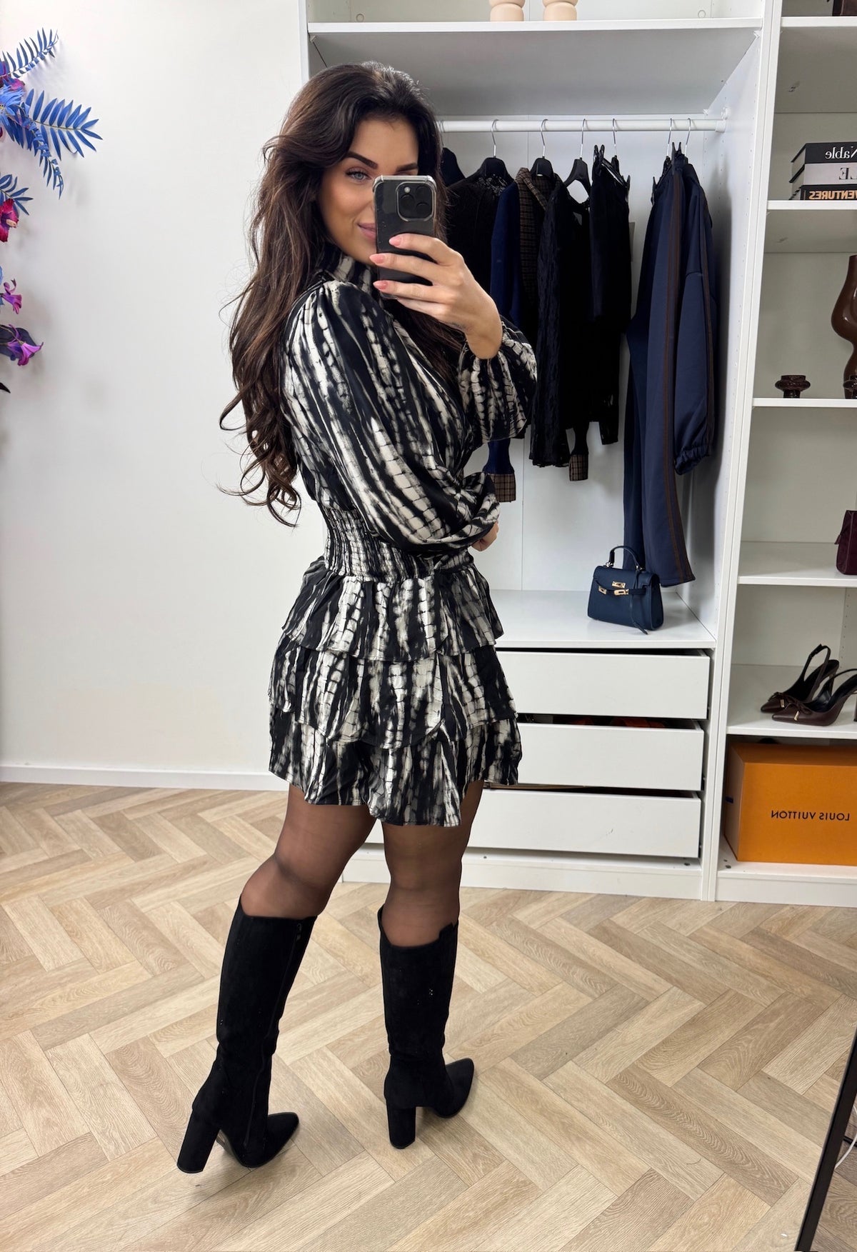 Dress Ruffle Print Grey CY4541