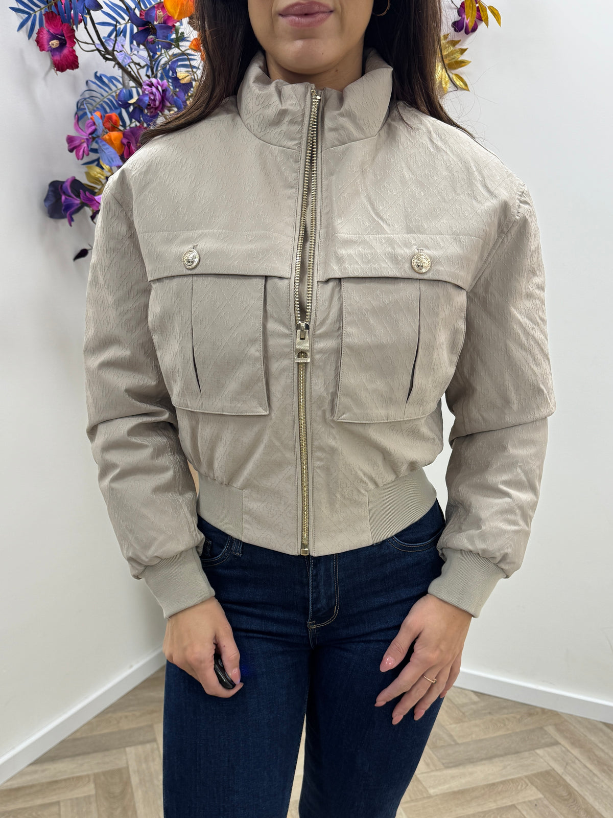 Logo Bomber Jacket Flora Fancy Beige Guess 1465