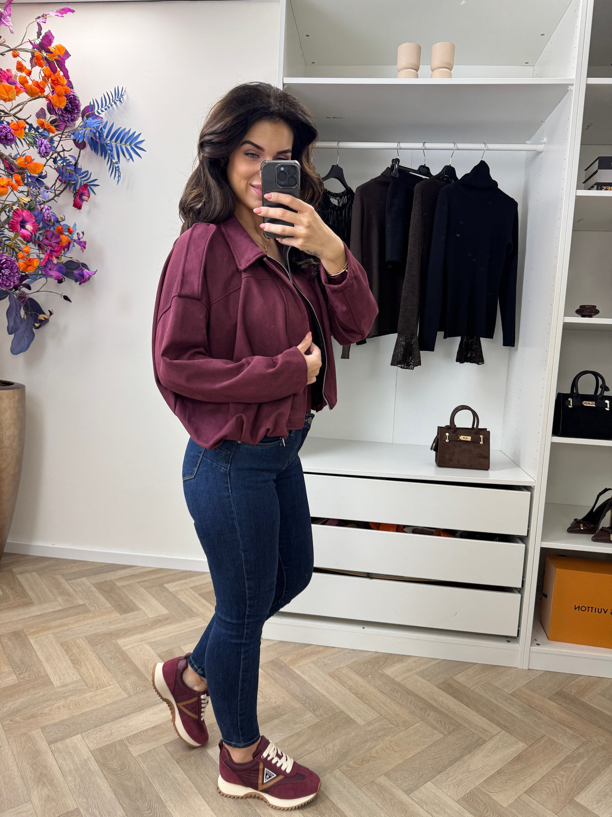 Suede Look Bomber Jacket Wine