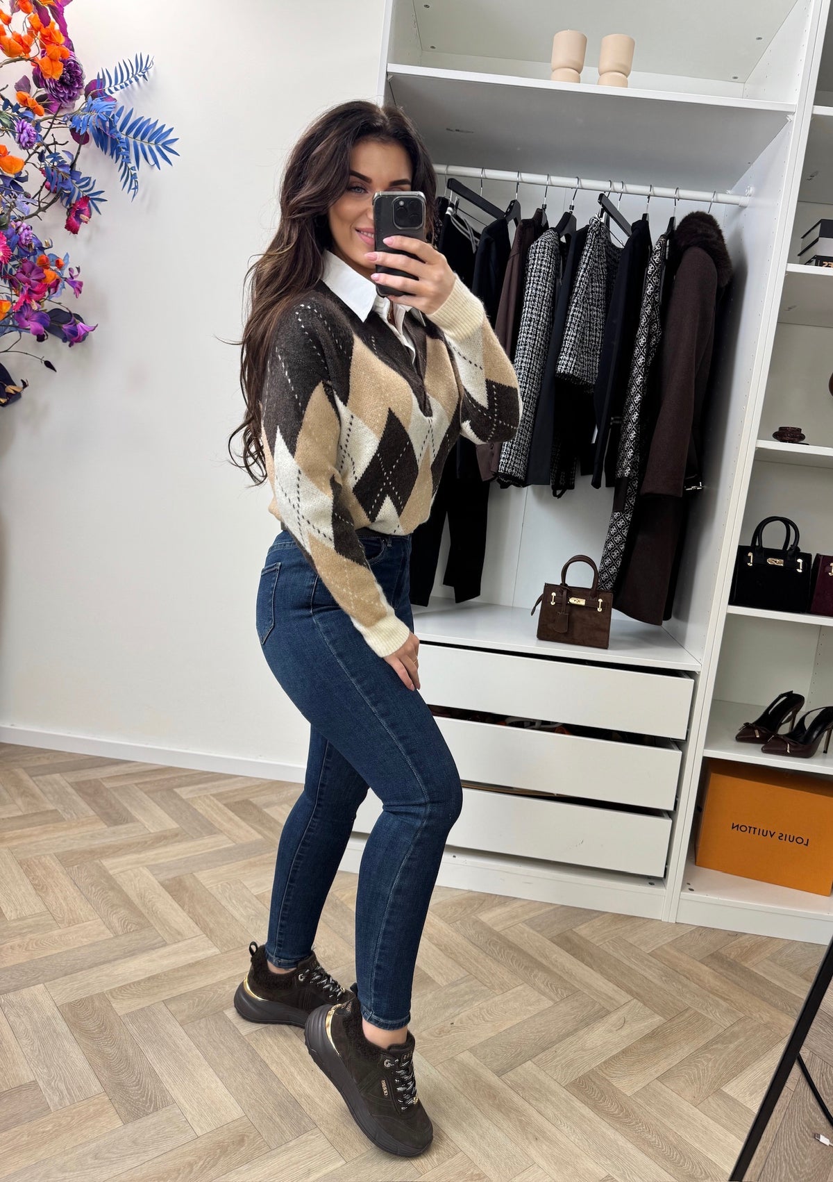 Trui Kraagje Ruit Choco 52255