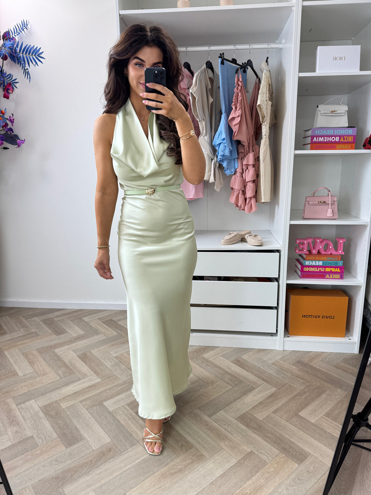 Long Dress Satin With Belt WZ20667 Mint