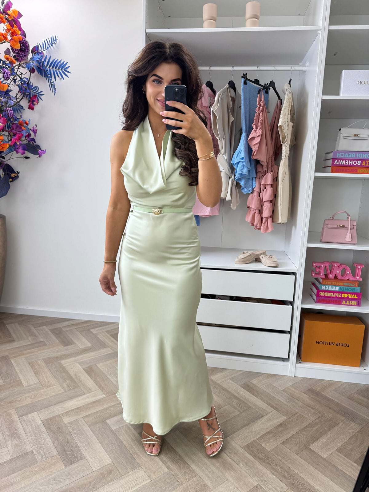 Long Dress Satin With Belt WZ20667 Mint