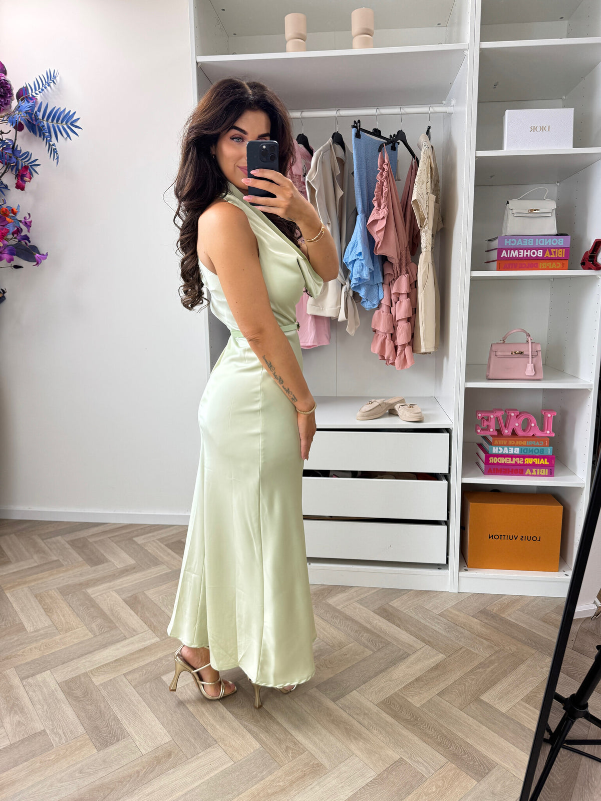 Long Dress Satin With Belt WZ20667 Mint