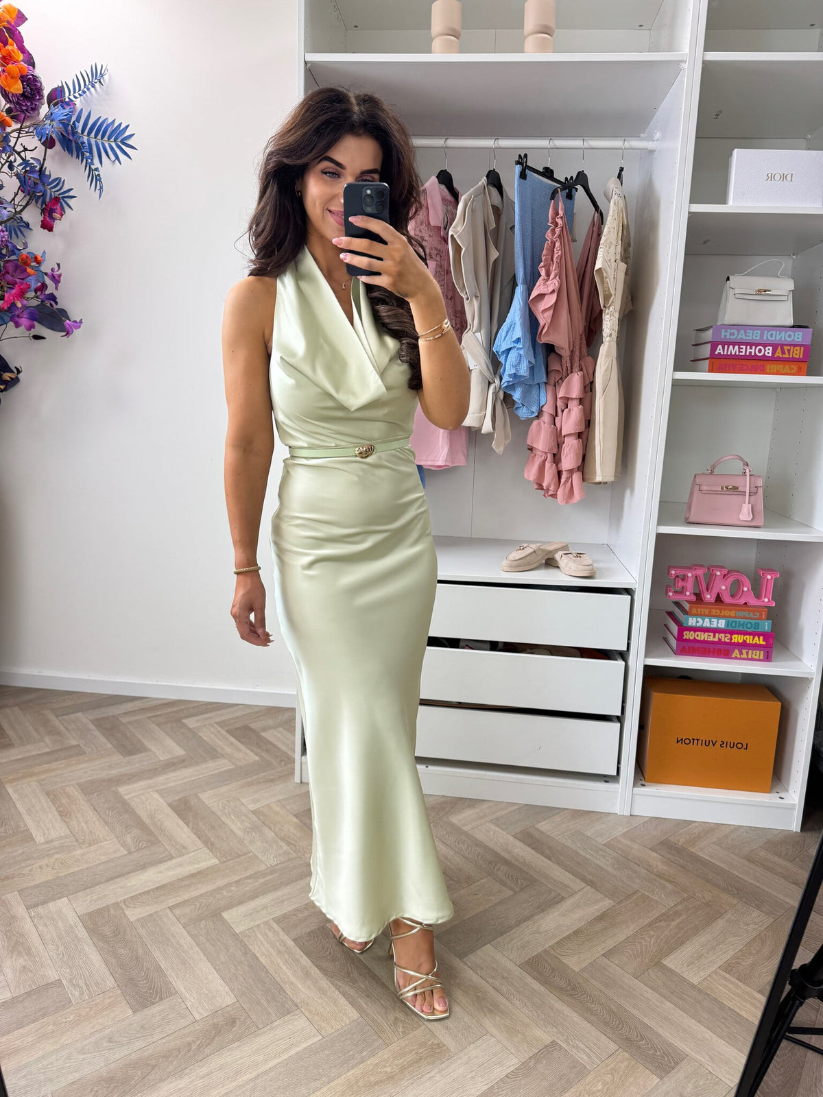 Long Dress Satin With Belt WZ20667 Mint