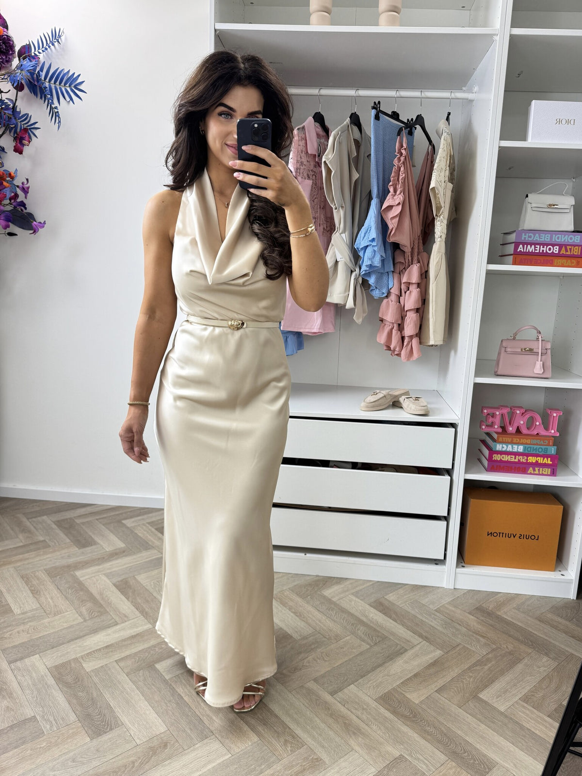 Long Dress Satin With Belt WZ20667 Beige
