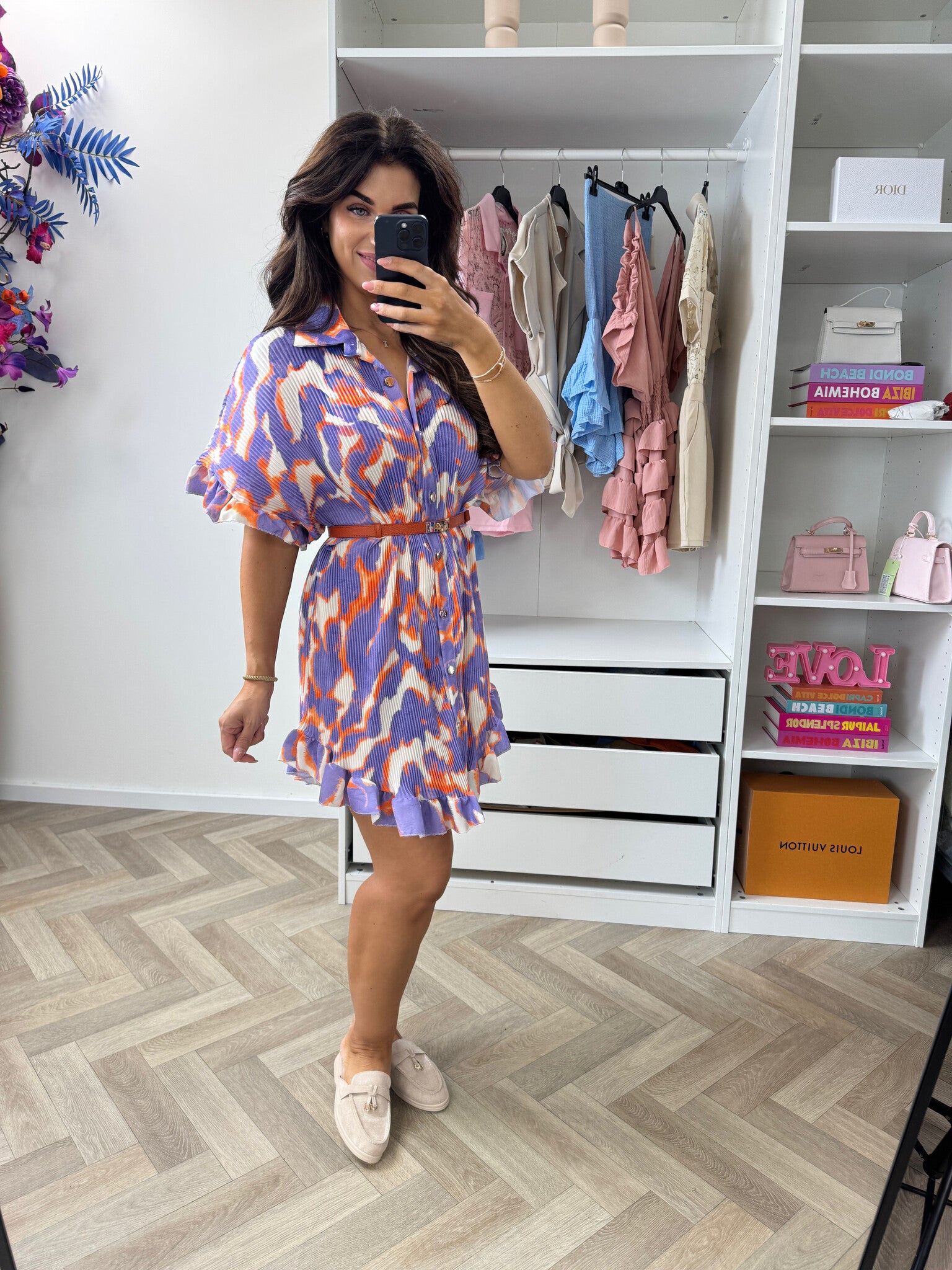 Plisse Blouse Dress Print Lila