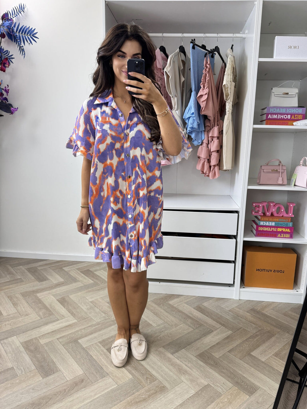 Plisse Blouse Dress Print Lila