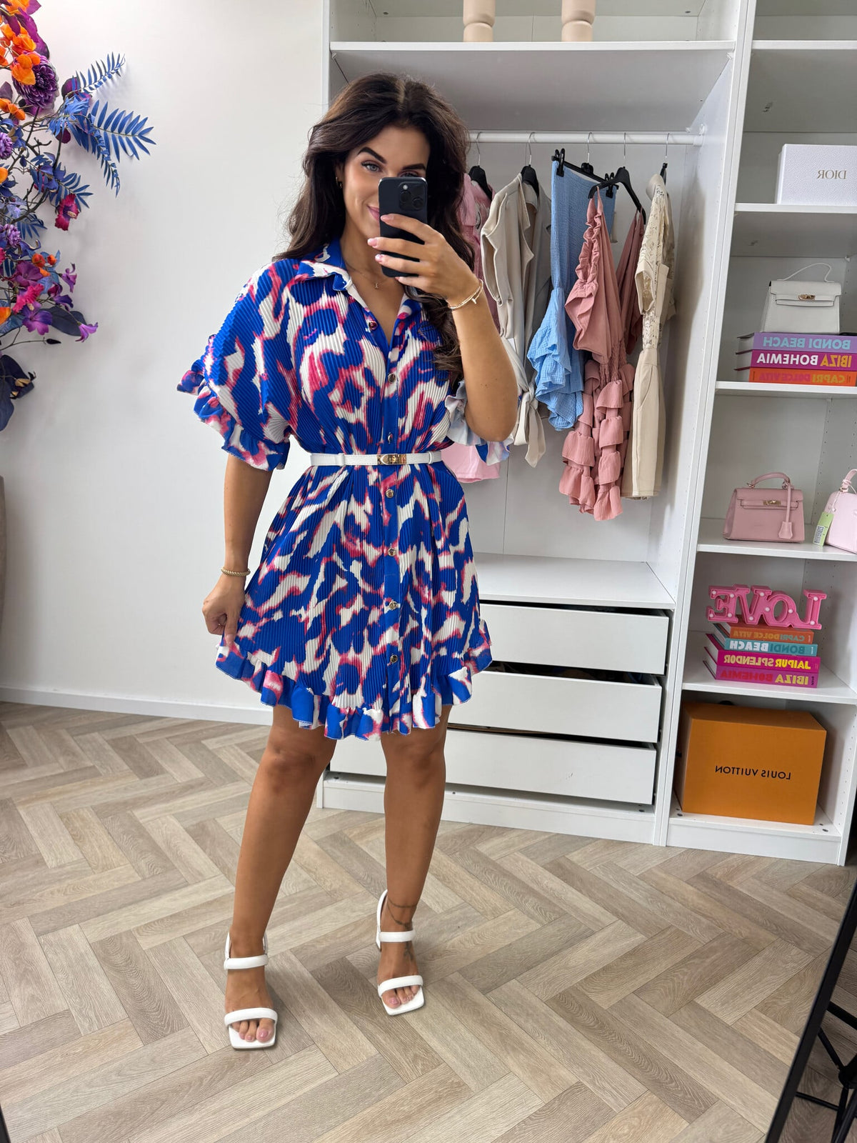 Plisse Blouse Dress Print Kobalt