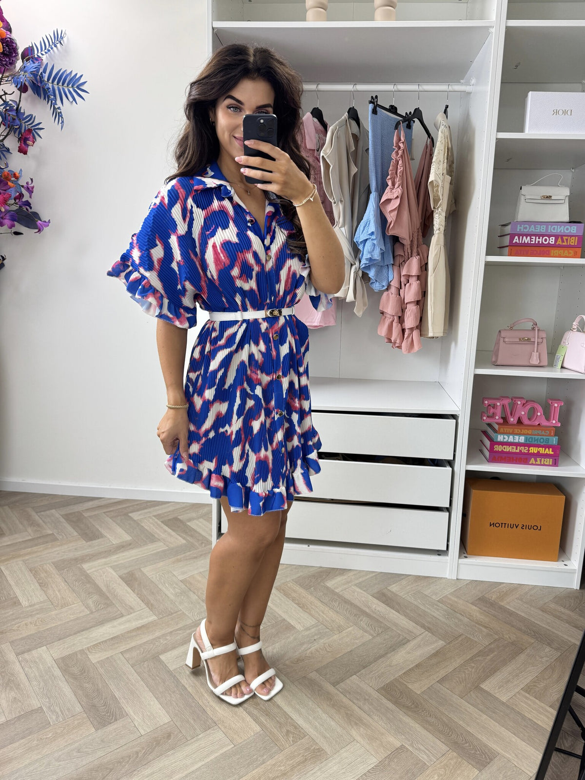 Plisse Blouse Dress Print Kobalt
