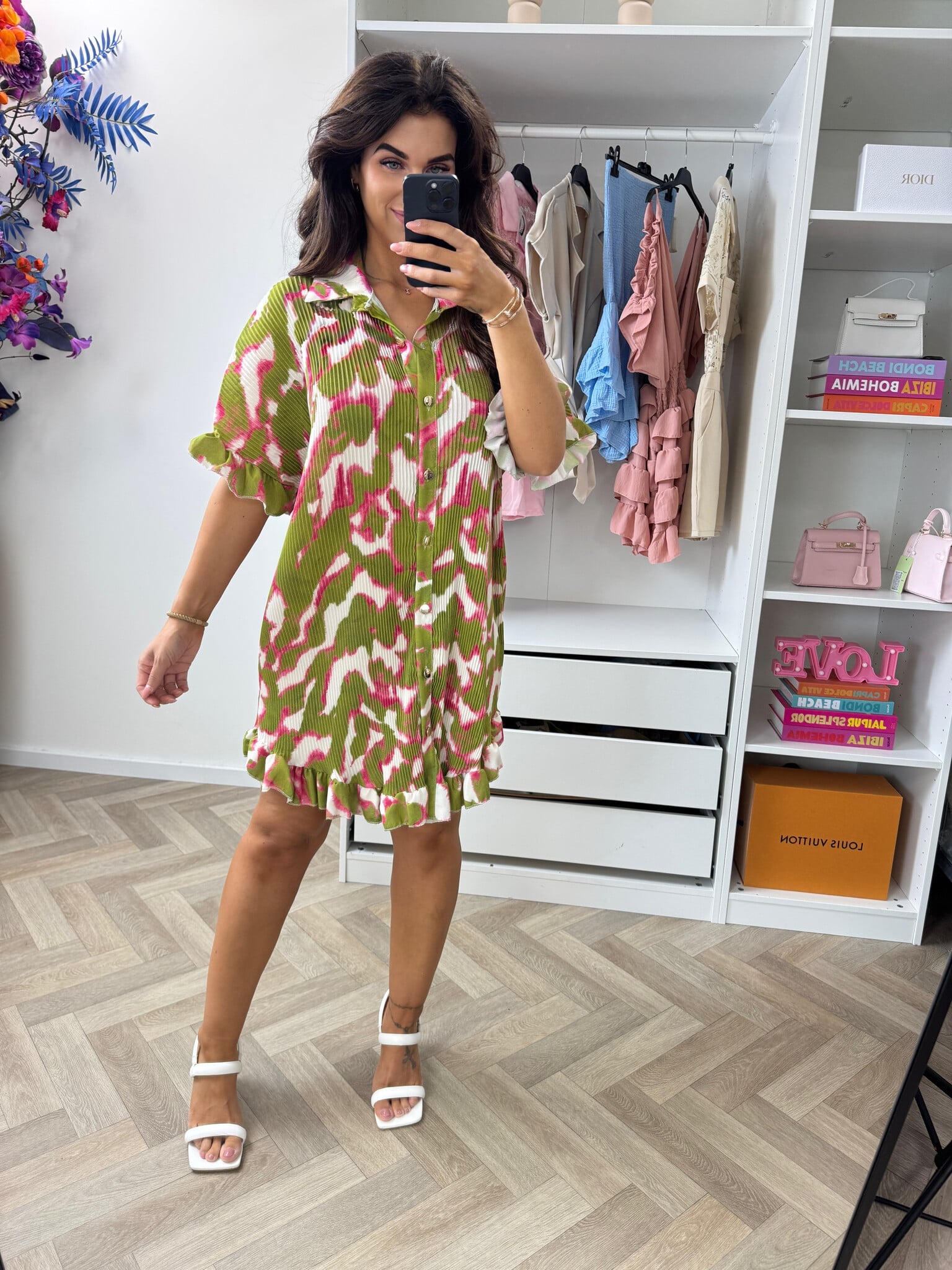 Plisse Blouse Dress Print Green