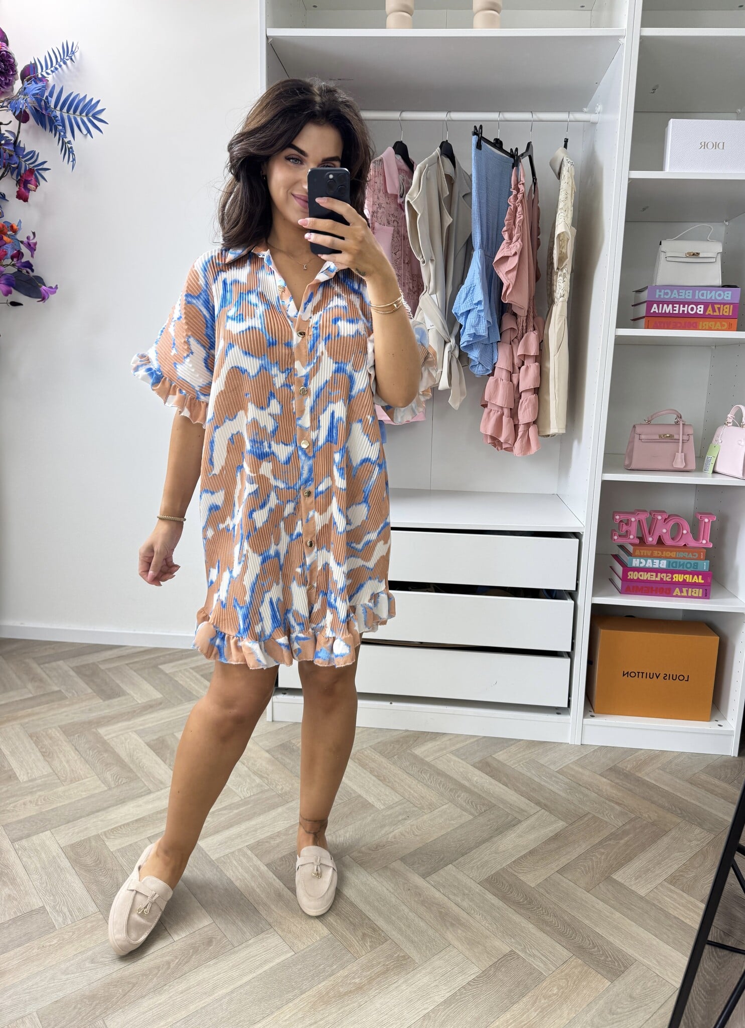 Plisse Blouse Dress Print Beige