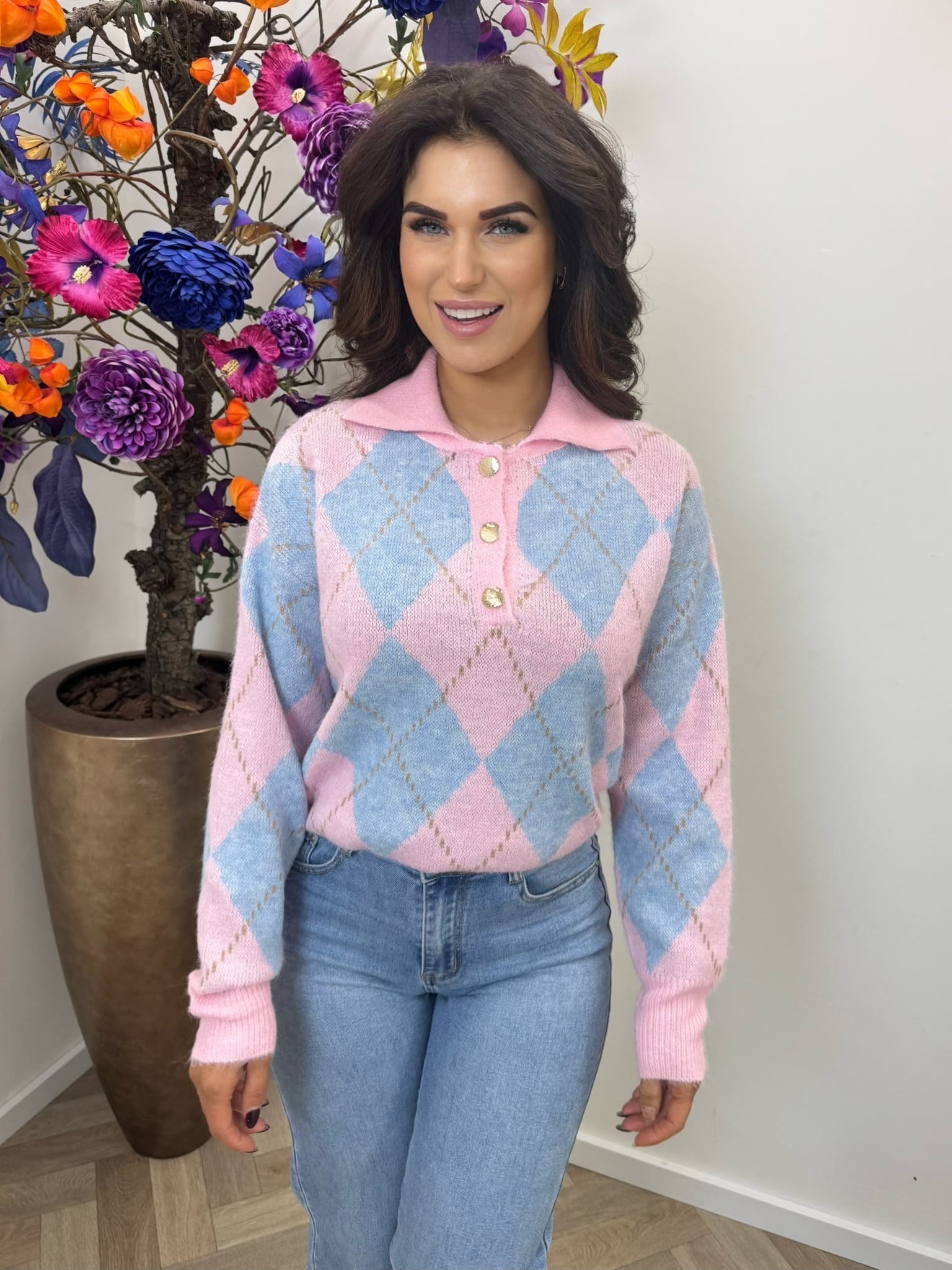 Trui Button ruit YP1973 Light Blue