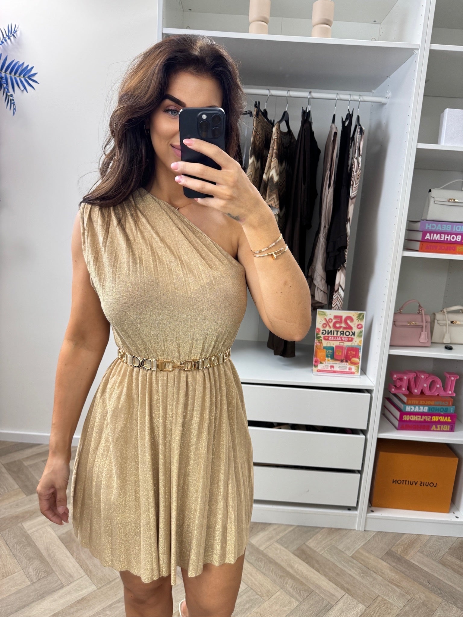 Dress Lurex Split Kort Beige