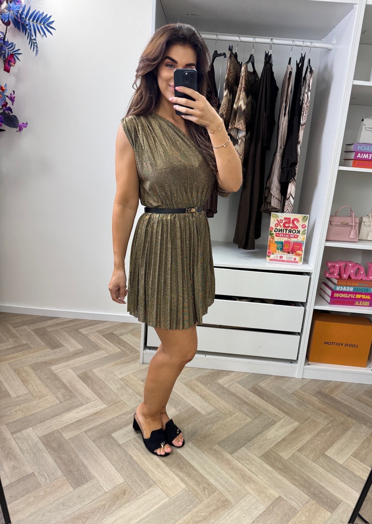Dress Lurex Split Kort  Dark Gold