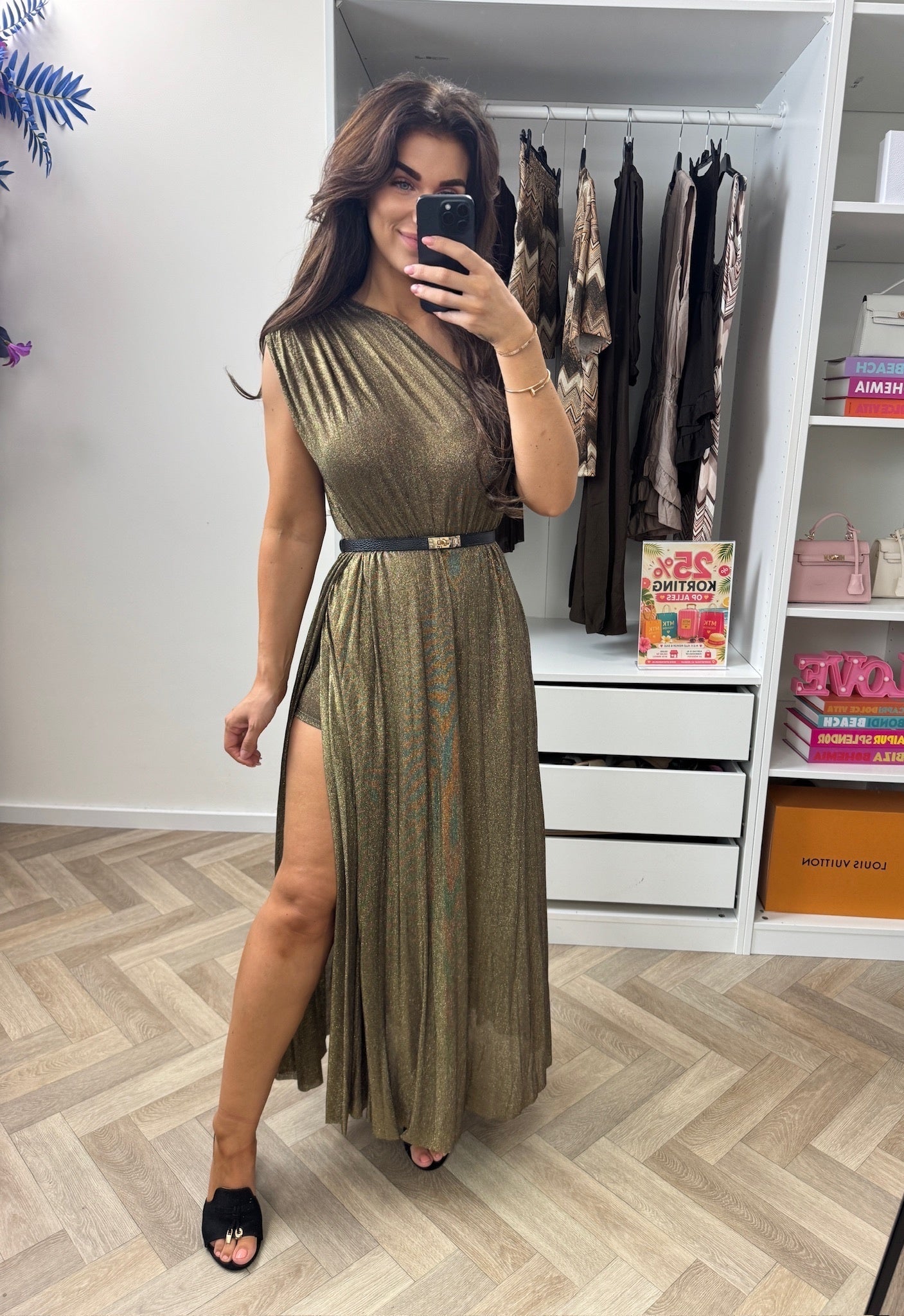 Long Jumpsuit Lurex Split Donker Gold
